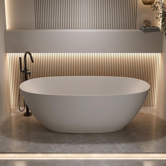 KEIKI 69" Freestanding Bathtub, Resin Stone Soaking Bathtub Solid Surface Modern Tubs with Overflow and Pop-up Drain, Beige