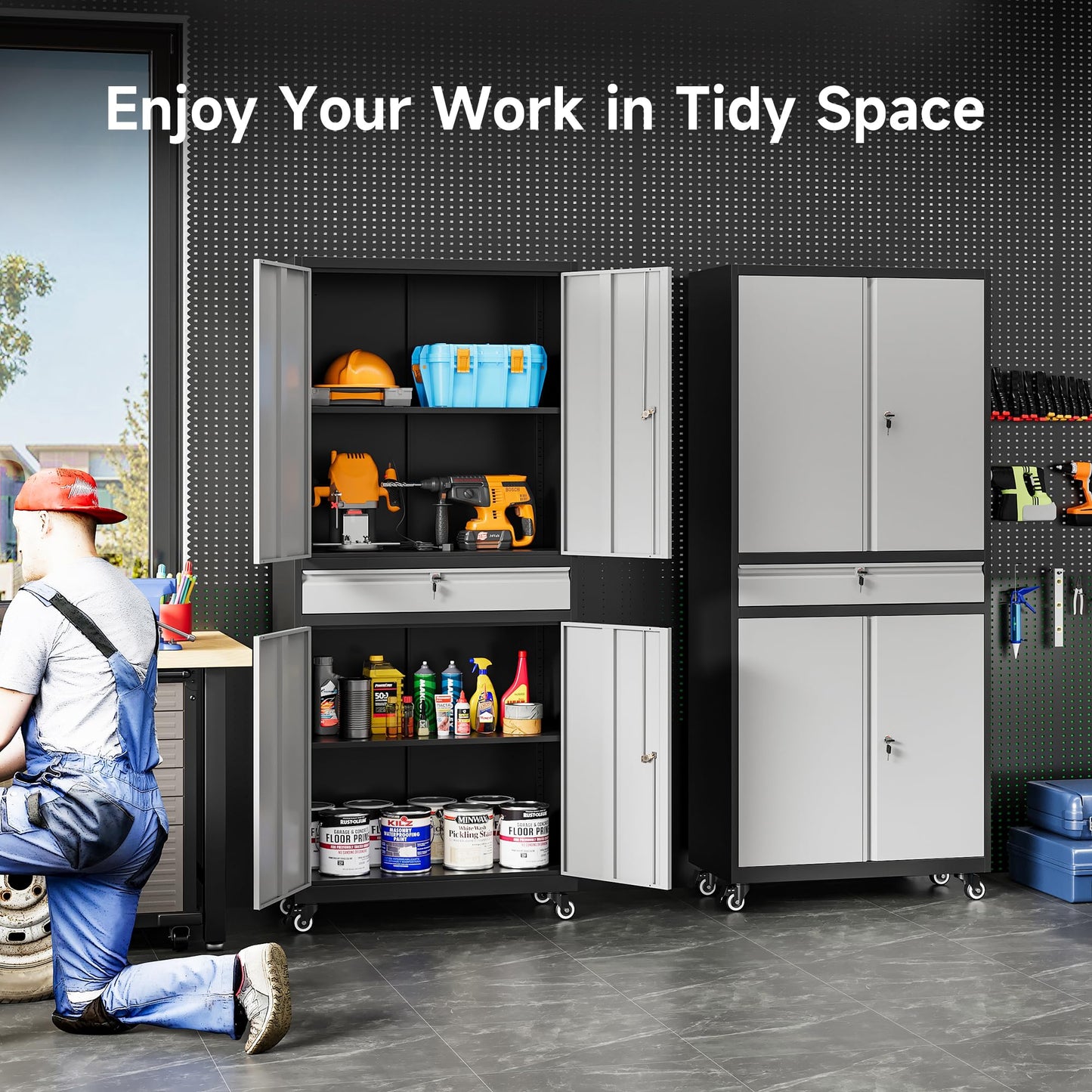 Metal Garage Storage Cabinet with Wheels and Drawer,Gray Rolling Garage Cabinet with Locking Doors and Adjustable Shelves,73" Tall Mobile Metal Storage Cabinets on Wheels for Home,Office,Garages,Tool