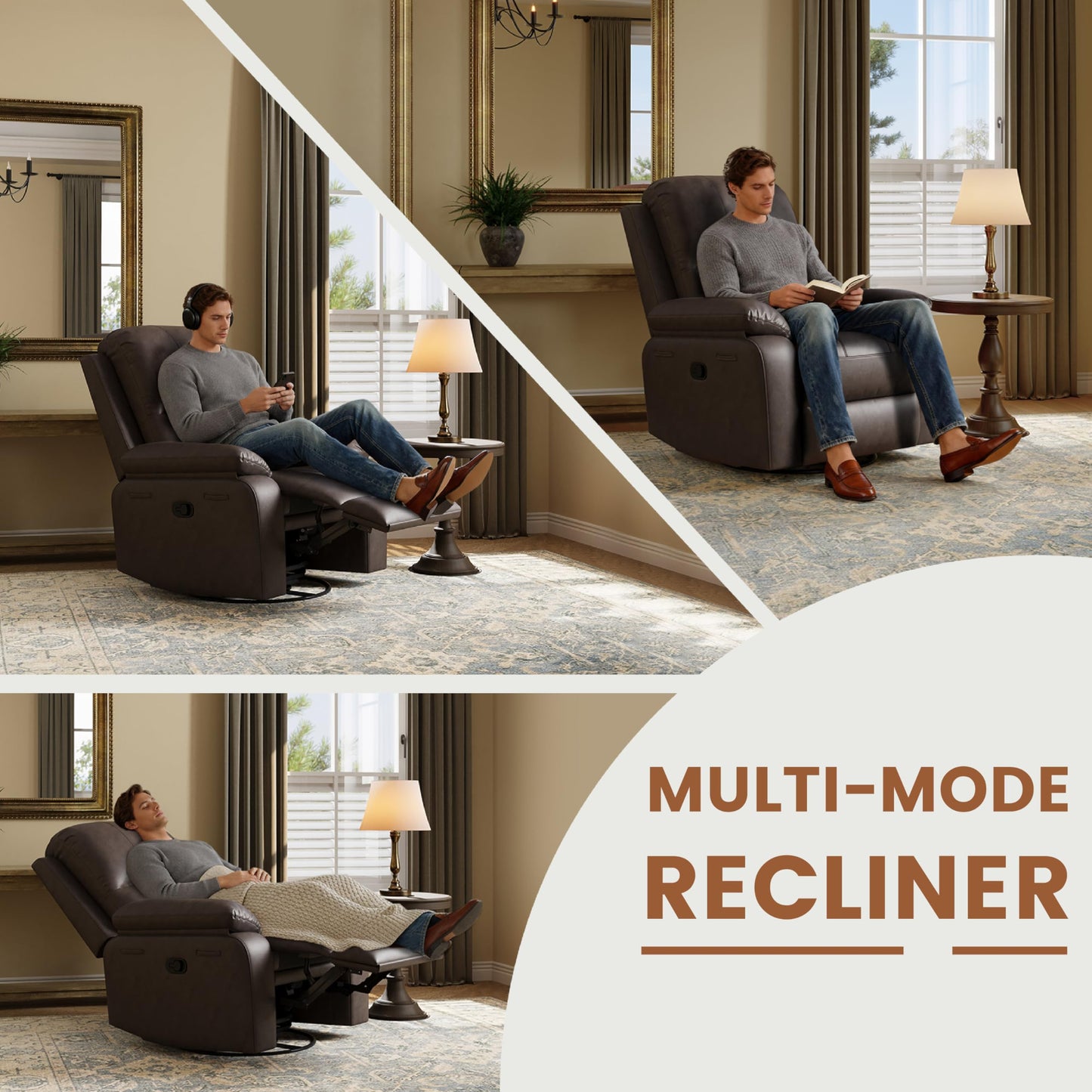 Attalee Leather Swivel Rocker Recliner Chair, Traditional Manual Chair, Upholstered Nursery Glider Rocking Recliner, Comfy Faux Leather Single Sofa with Pocket Spring for Living Room, Dark Brown