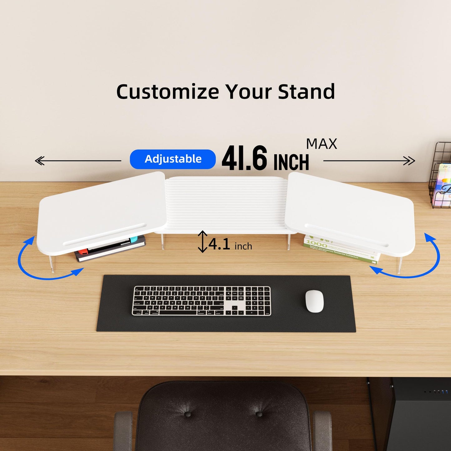 AFOOYO LED Dual Monitor Stand Riser for 2 Monitors,Office Desktop Wooden Stand Adjustable Length and Angle 3 Shelf,Extra Long Multifunctional Stand up to 39.3" for Computer,Laptop,TV,White