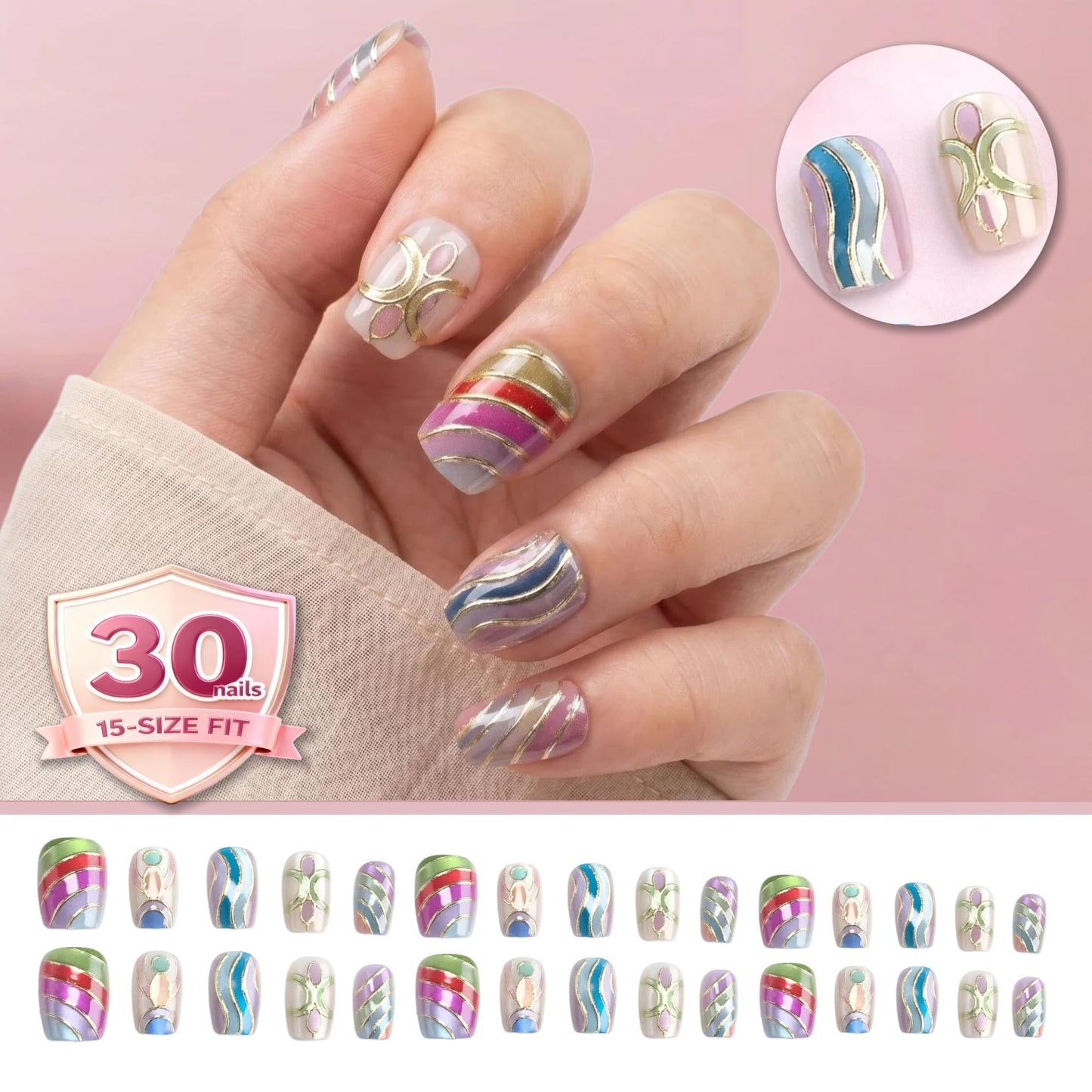 Taoyisent Colorful Abstract Press On Nails Short Square Glossy, Gold Line Art Fake Nails, Reusable Full Cover Stick On Nails for Women Party Vacation Festival Daily Wear, 30PCS