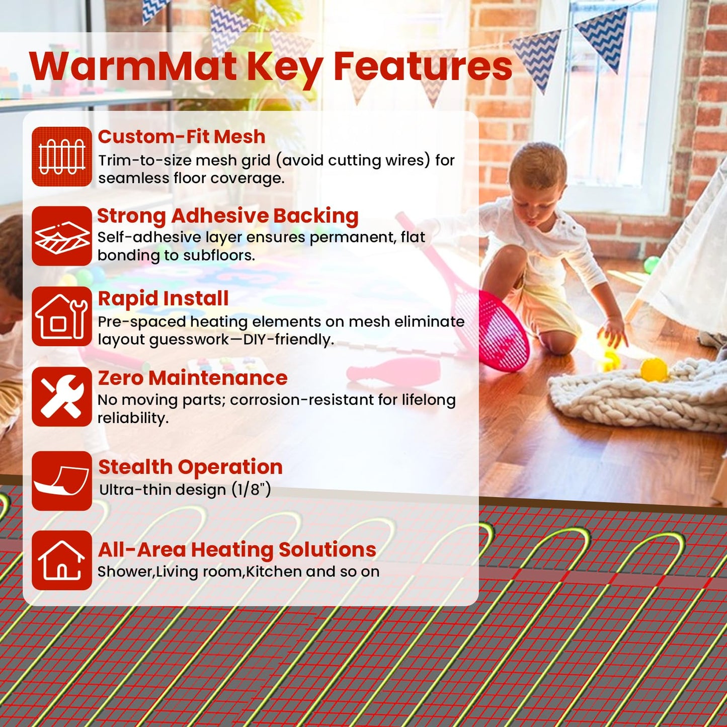 70 sqft HEATIT Warmmat Electric Radiant Self-adhesive Floor Heat Heating System & ET-7A Thermostat & Alarm Monitor
