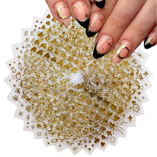 30Sheets Gold Nail Art Stickers Star Line 3D Self Adhesive Nail Stickers for Nail Art Moon Stars Nail Decals Heart Nail for Women and Girls Manicure DIY Decoration