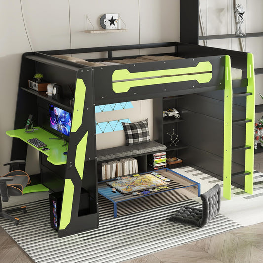 Full Size Wood Gaming Loft Bed with Desk, Full Loft Bed with Multi-Storage Shelves, Light and Charging Station for Teens, Adults Desk Built-in Console Shelf Underneath No Box Spring Needed, Green