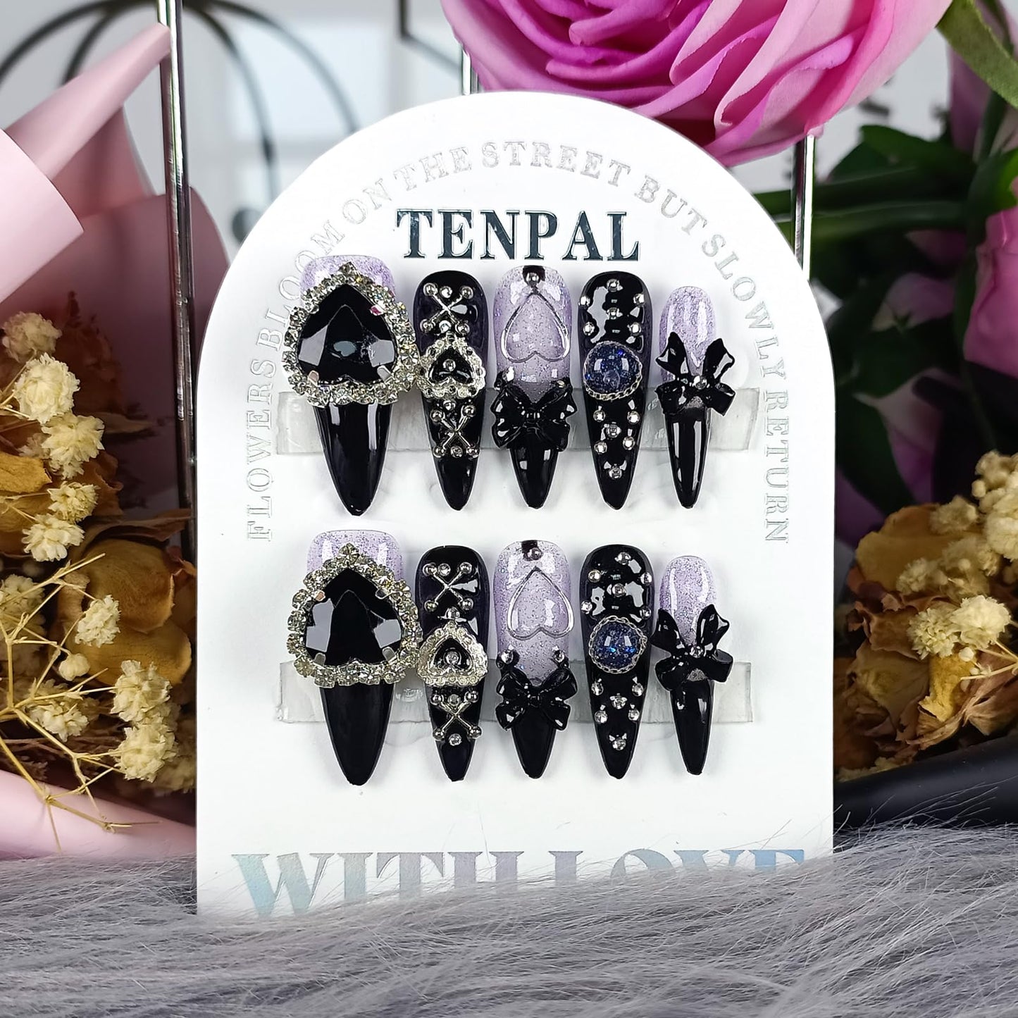 TENPAL Glam Punk Press on Nails Stiletto Almond Long,3D Heart Rhinestones&Metal Chains Designs,Black Glitter Purple Chrome Nails with Full Cover Micro Gems,Y2K Edgy Girly Streetwear Nails,10pcs M