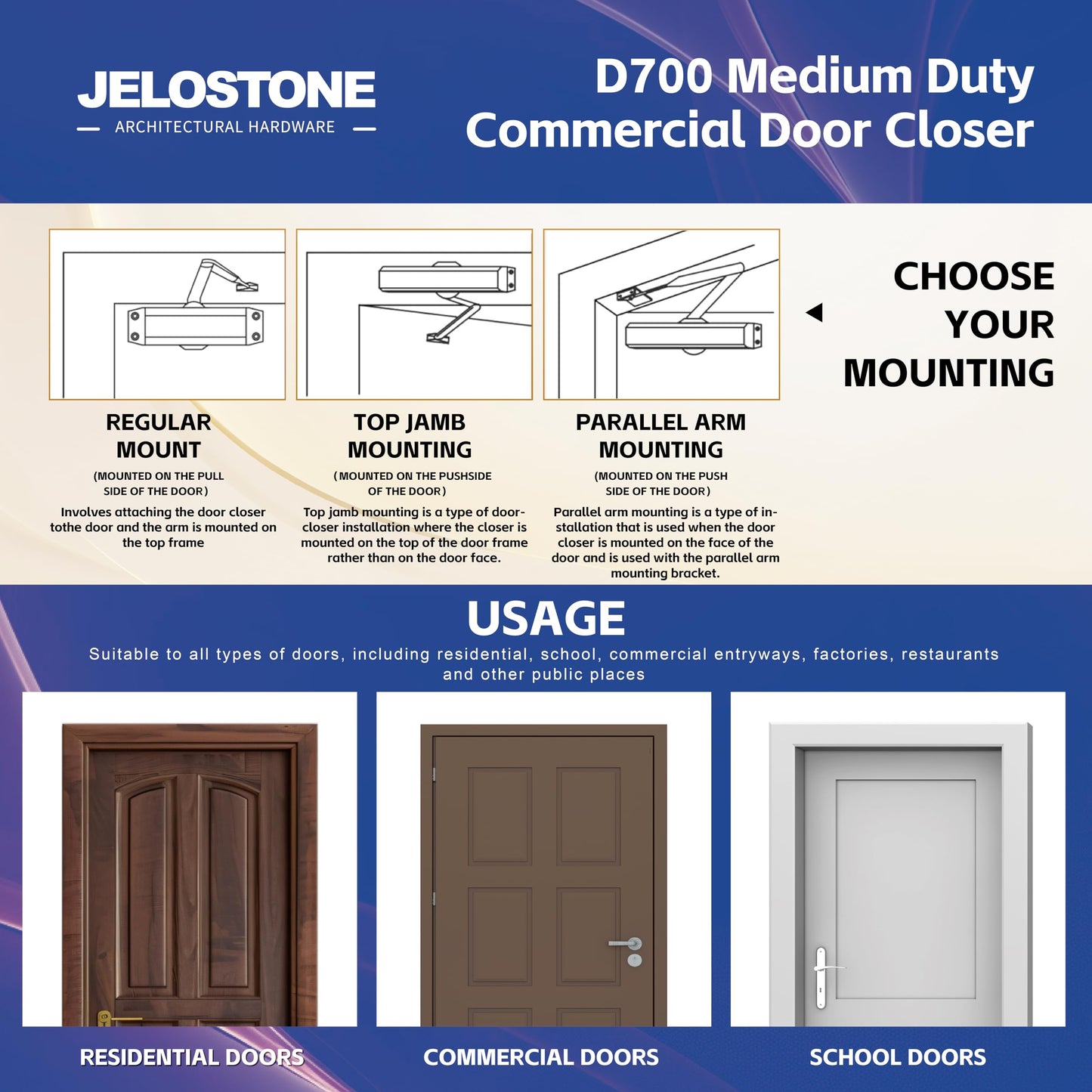 JELOSTONE Medium Duty Commercial Door Closer D700, 3 Valves Closing/Latching/Backcheck, UL 3 Hour Fire Rated, Fixed Size #3 Spring Power, Door (55-150LB/33-36 in), Indoor/Outdoor (Matte Black)