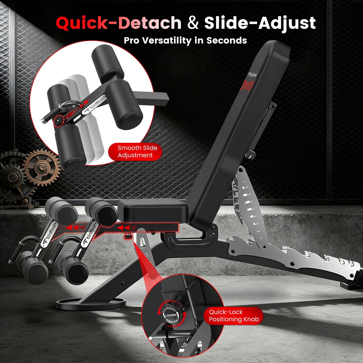 Birdfeel Commercial Adjustable Weight Bench, 1800LBS Heavy Duty Workout Bench for Home Gym Strength Training, Removable Leg Holder for Flat/Incline/Decline Sit Up & Full Body Workout, Silver