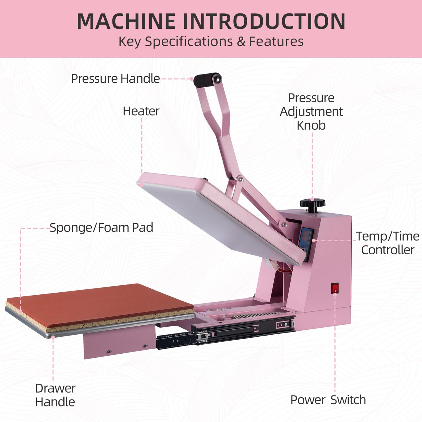15x15 Inch Heat Press Machine with Slide-Out Drawer, Manual Clamshell Design, Digital Temp & Timer Control, Pink 1400W Heat Transfer Machine for T-Shirts, Vinyl, Fabric, DIY Projects & More