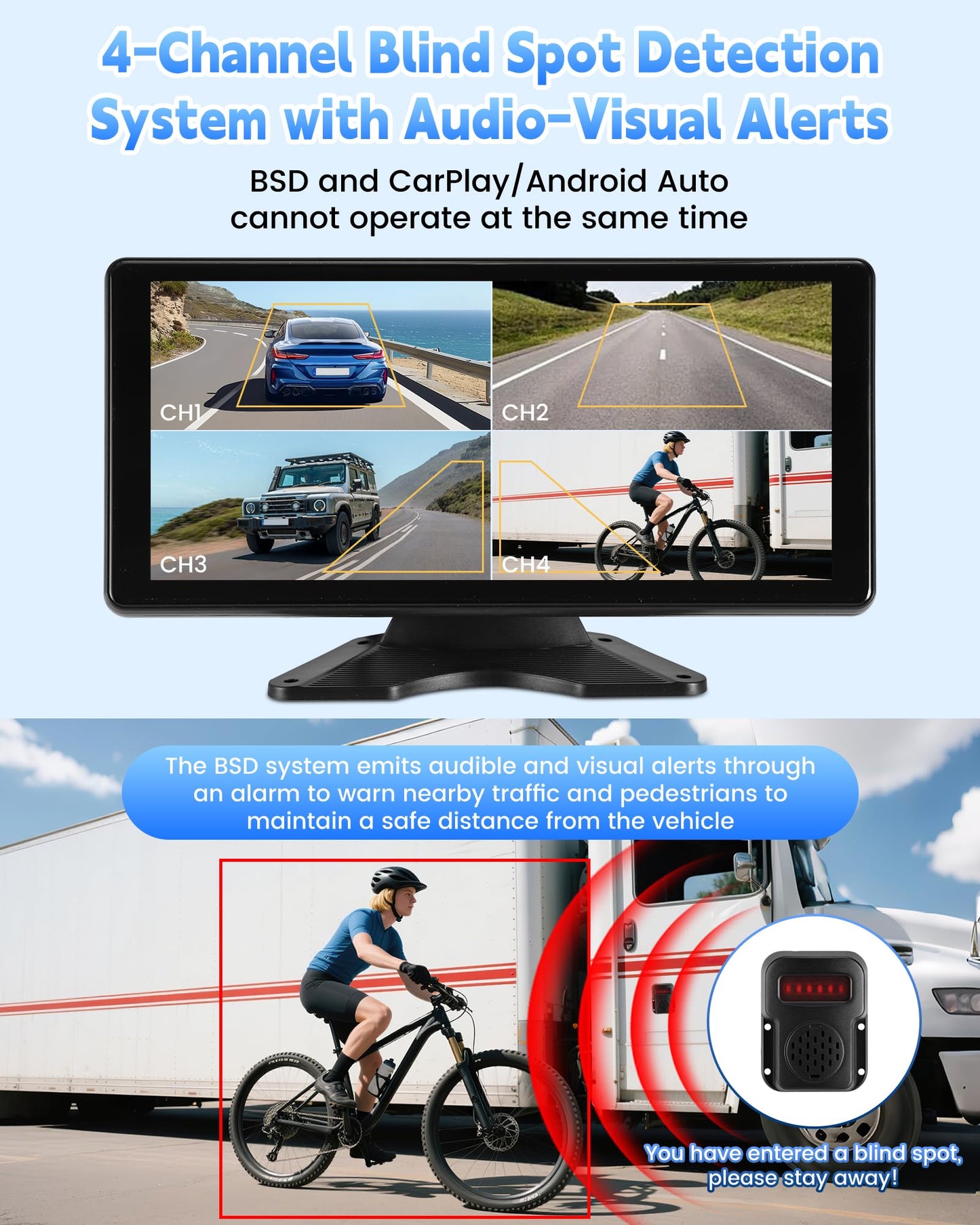 Venluna RV Camera System with Carplay & Android Auto, 10.36" Touch Screen Monitor, Wired 4 1080P IP69 Waterproof Backup Cameras for Semi Truck Trailer Camper, Blind Spot Detection/DVR Loop Recording