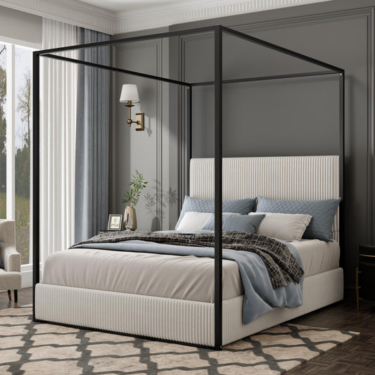 Merax Modern Luxury King Metal Canopy Bed with Tall Upholstered Headboard, Gold Four Poster Bed, No Box Spring Needed, White
