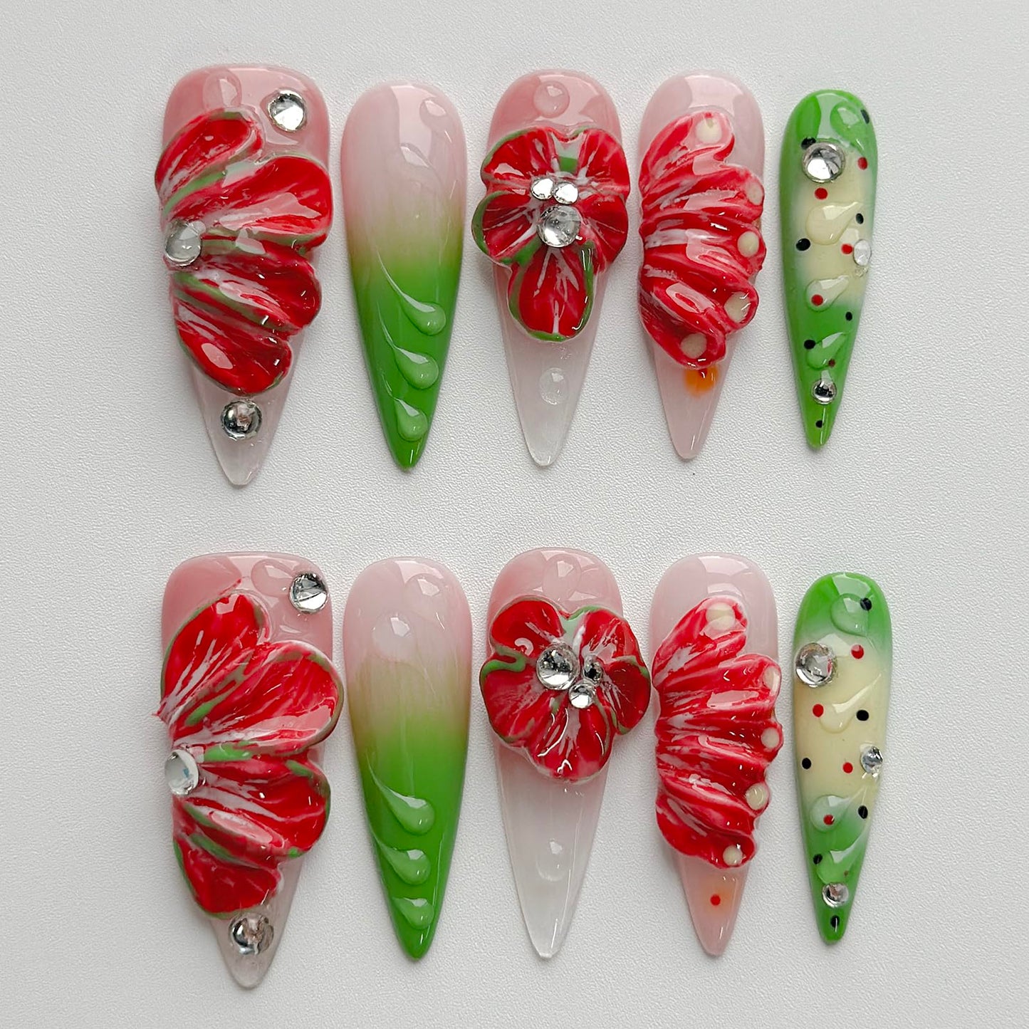 Luxury Press on Nails Long Stiletto Handmade 3D Unique Reusable ABS Material Fake Nails False Nails with Designs Red Floral Rhinestones Glossy Glue on Nail Thick Acrylic Nail(M)