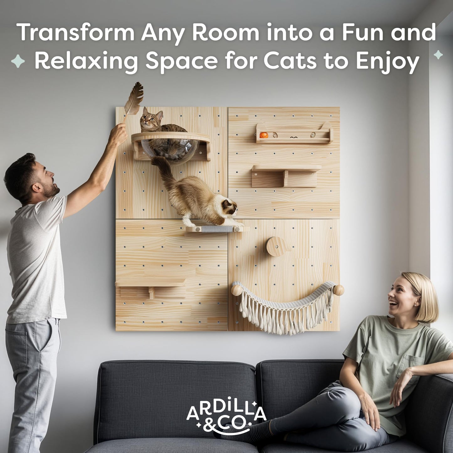 Ardilla & Co. Cat Wall Furniture – Wall-Mounted Modular Wooden Boards with 7 Moveable Accessories, Cat Wall Shelves, Hammock, Climber Steps, Perches, Walkways, Toy & Acrylic Bowl!