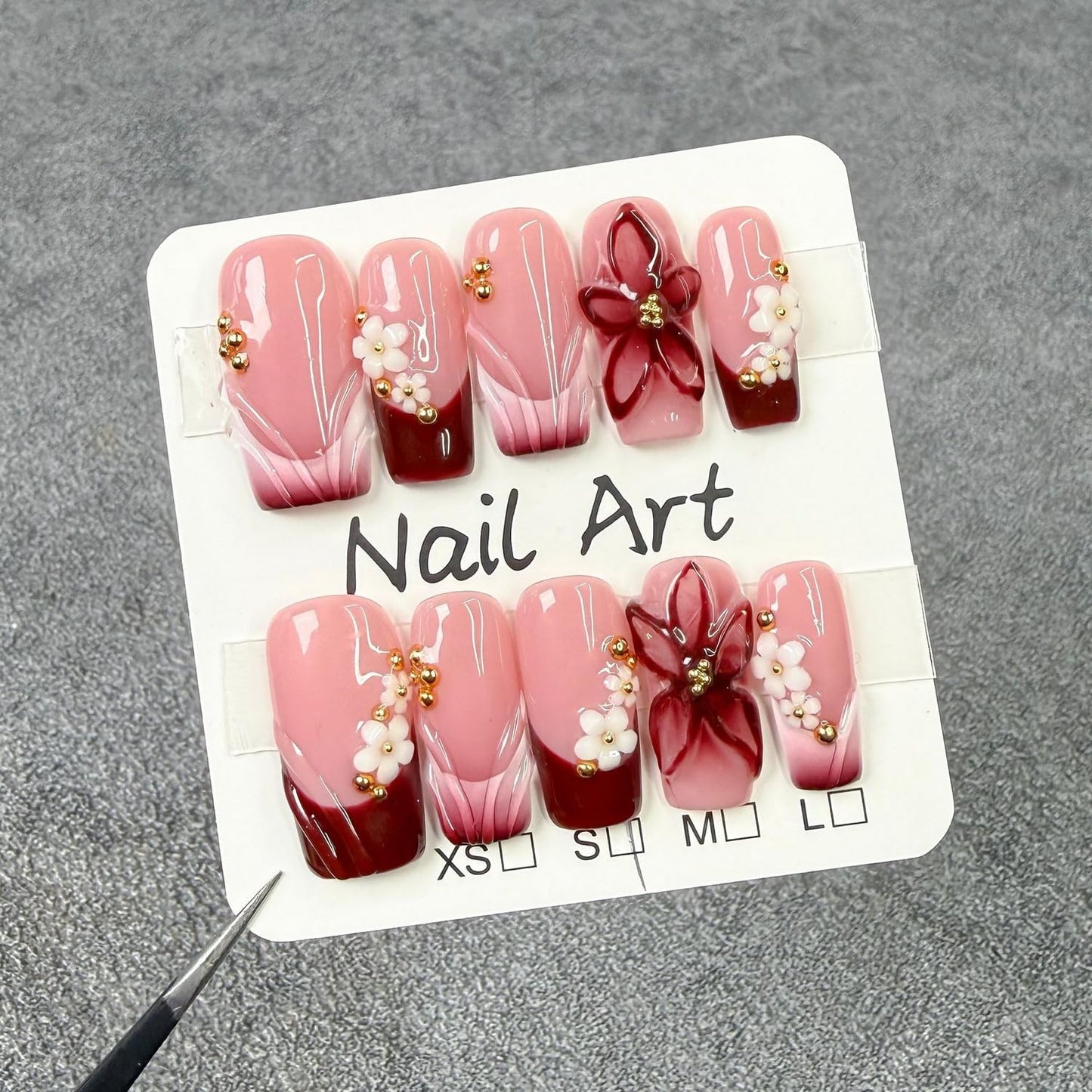 10 Pcs Handmade Press on Nails Gradient French Tip Acrylic Nails Medium Square Fake Nails with 3D Flower Design Full Cover Artificial Stick on False Nail for Women (S)