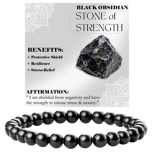 Bivei Black Obsidian - Strength - 6mm Beaded Bracelets for Women Handmade Semi Precious Natural Stone Stretch Elastic Jewelry for Women Yoga Protection Gifts Small