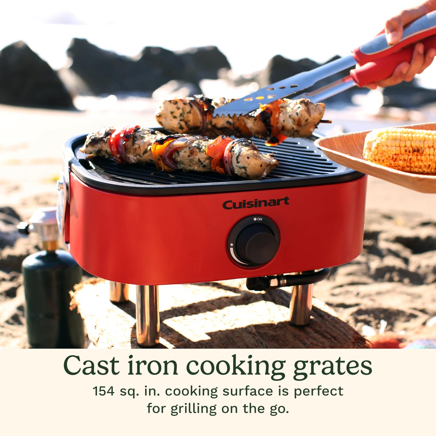 Cuisinart Venture™ Portable Gas Grill, Small Camping Grill with Cutting Board and Handle, Non Stick Porcelain Enameled Cast Iron Grate, 9,000 BTU Stainless Steel Burner for Camping, Tailgates, Beaches