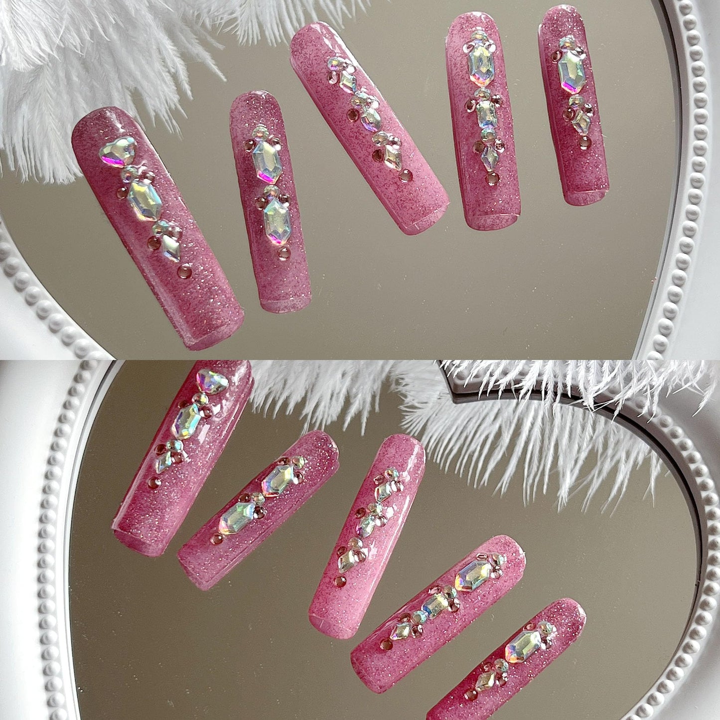 NAIL ANGEL 10PCS/SET Glamorous Handmade Press on nails Glitter Gem Rhinestone Long Coffin Nails Party Nails XXL Long Artifical Tips ZJ-05 (M)