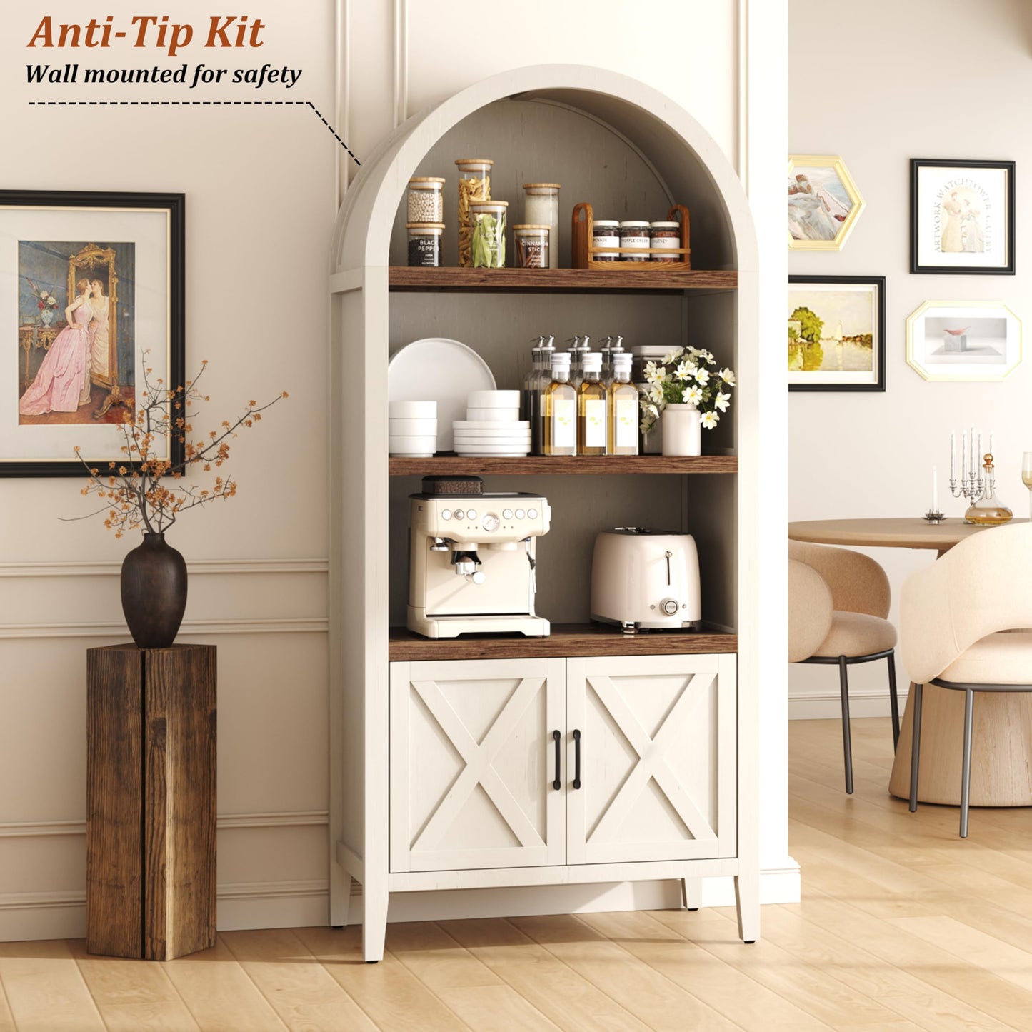 Yusong 71" Tall Arched Bookcase, 5-Tier Arched Bookshelf, Arch Cabinet Display Cabinet with Doors and Adjustable Shelf, Modern Farmhouse Kitchen Pantry for Living Room Bedroom, White