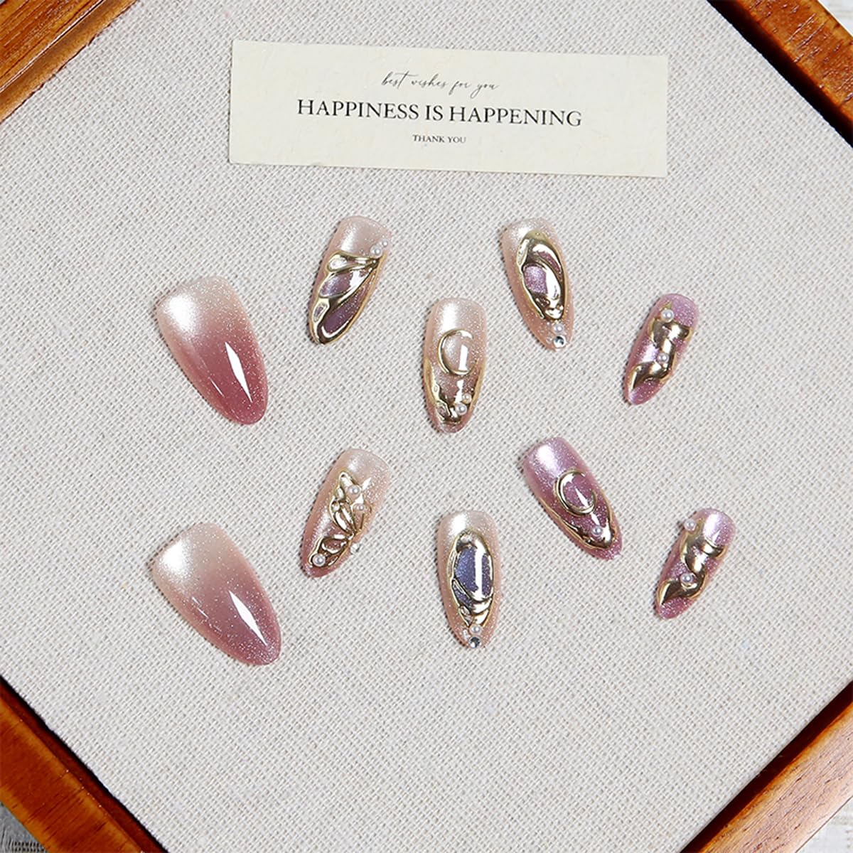 30Pcs Medium Almond Press on Nails Butterfly Nails Press on with Gold Metal Line, Cat Eye & Pearl Design Rhinestone Fake Nails Glitter Glue on Nail Full Cover Stick on Nail for Women Manicure