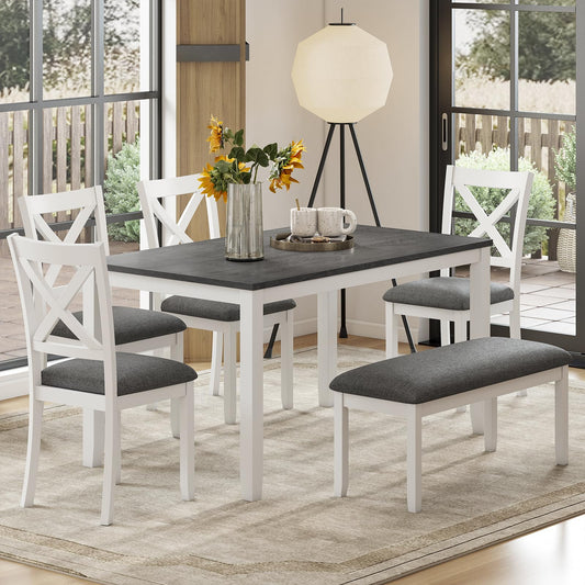 Zevemomo 6-Piece Solid Wood Dining Table Set, Including 1 Dining Table, 4 Upholstered Chairs and 1 Bench, Wooden Legs Dinner Set for Dining Room, Kitchen, Restaurant, White
