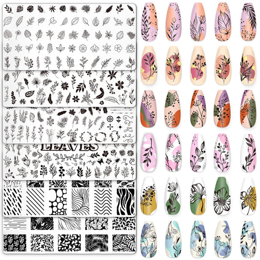 Whaline 6 Pcs Spring Floral Leaves Nail Plates Stamping Set Plant Leaves Flower Stamp Templates Nail Art Plates for DIY Print Manicure Salon Design