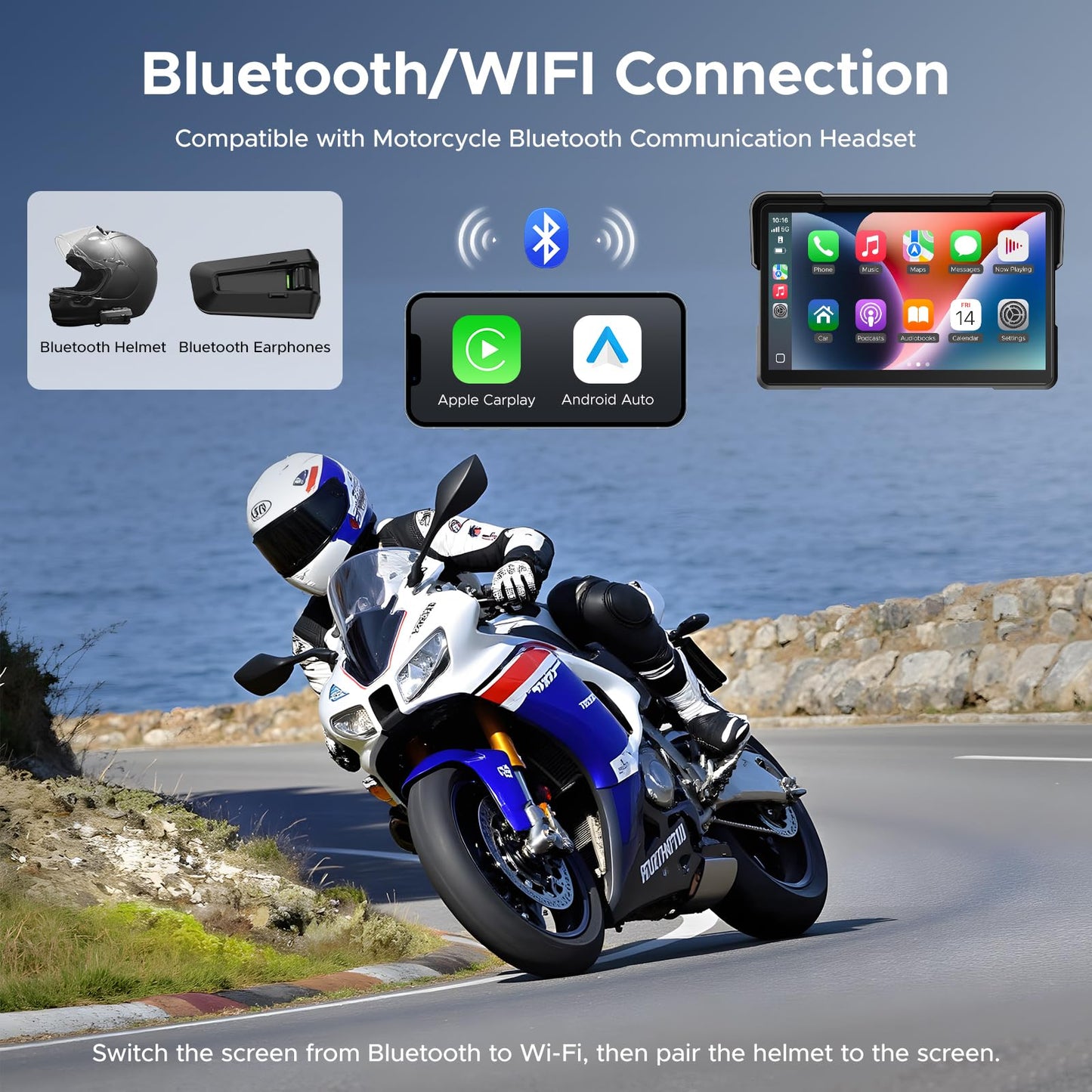 VOLAM 7" Wireless Motorcycle CarPlay Screen, IP67 Waterproof Touchscreen,GPS Navigation System,Anti-Glare for Daylight, Voice Control, Dual Bluetooth, Suitable for Harley, Kawasaki, Yamaha, etc.