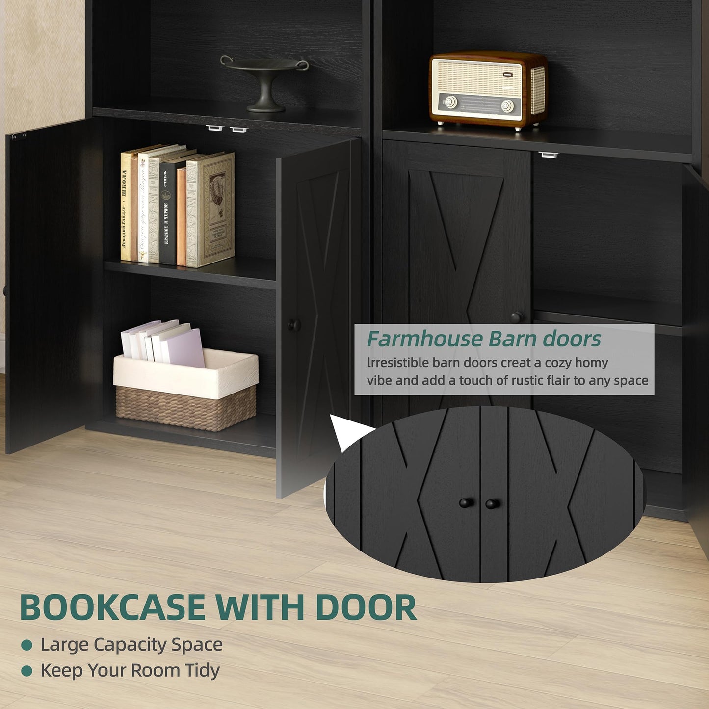 Shintenchi Bookshelf, Industrial Bookshelves and Bookcases with Doors Floor Standing 6 Shelf Display Storage Shelves 70.9 inches Tall Bookcase for Home Office, Living Room (Black)