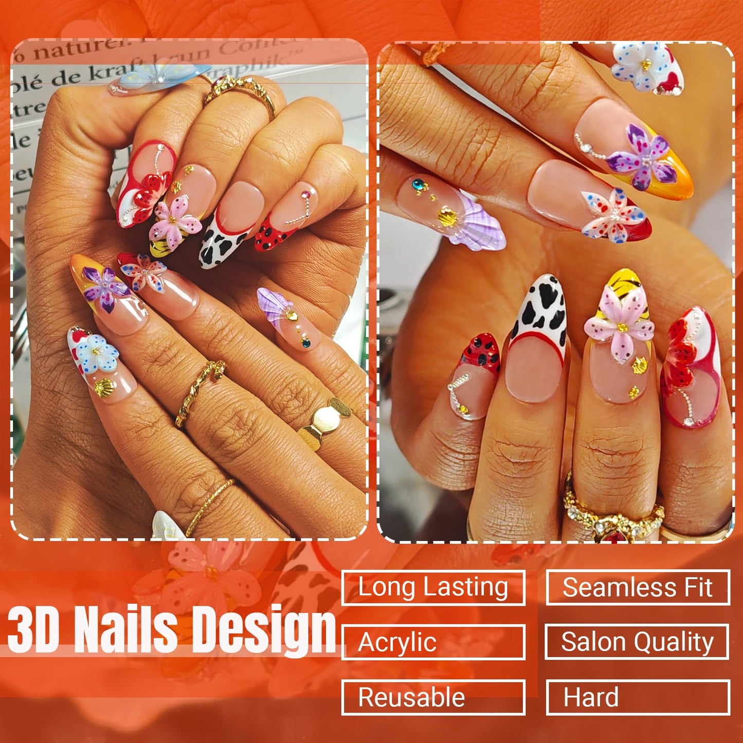 Handmade Acrylic Press On Nails Almond, 3D Press On Nails Medium, Flower 3D Red Nails French Tip Preal Shell Leopard For Women Gift, Reusable Stick On Fake Nails Kit With Nail Glue(Lush Garden-L)