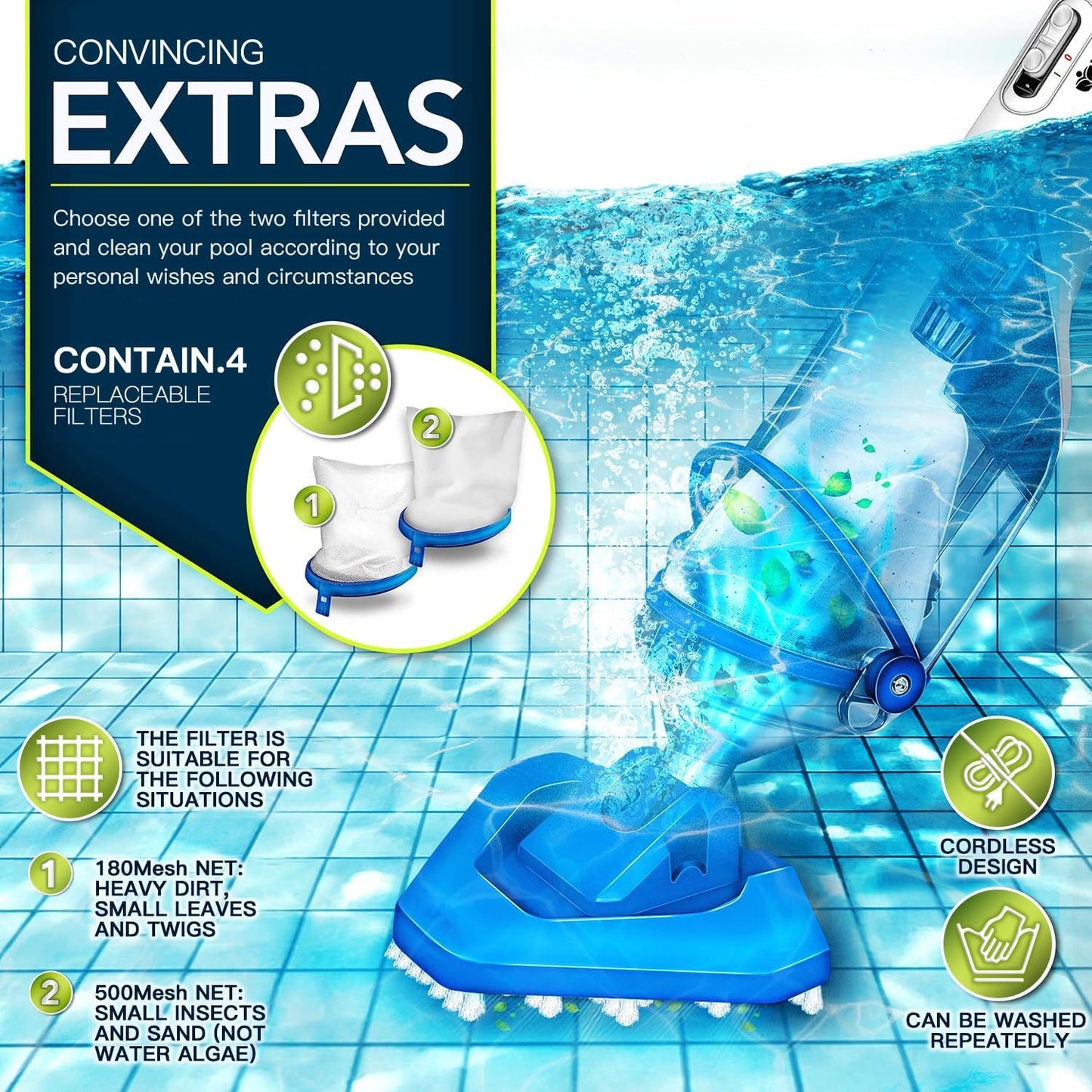 Cordless Handheld Pool Vacuum with Telescopic Pole, Rechargeable Hot Tub SPA Vacuum, 18GPM Powerful Suction, 60Min Runtime, Pools up to 88", Portable Pool Cleaner for Above Ground/Inground Pools