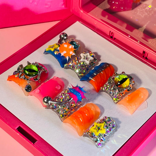 IntoVibes Handmade Short Duck Press On Nails, Orange Barbell Charm And Y2K, 10 Pieces Reusable Acrylic False Nails, Size Large