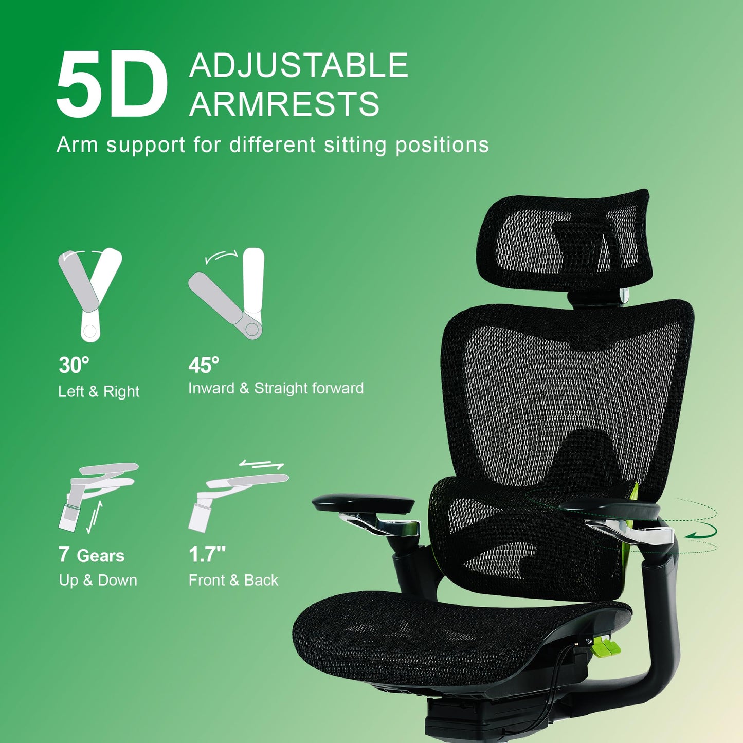 chirvana Ergonomic Office Chair, Mesh Home Office Desk Chair with Adaptive Lumbar Support, Gaming Chair with Headrest, 5D Armrest,90-130°Tilt, BIFMA Certified, Model Zen (Green)