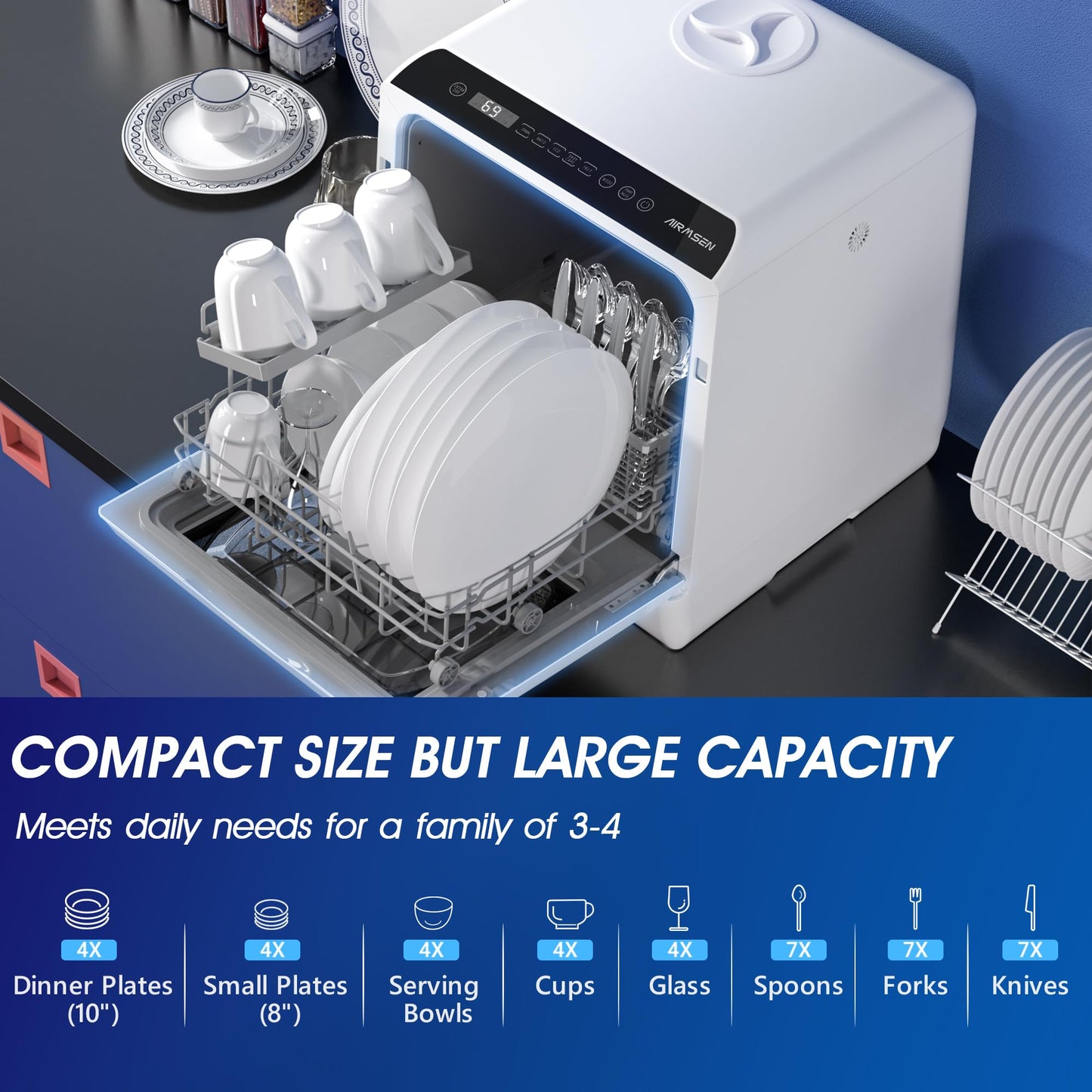 AIRMSEN Portable Countertop Dishwashers, 5 Washing Programs Mini Dishwashers with 5 L Built-in Water Tank and Double-layered Glass Door, No Hookup Needed for Home, Apartments & RVs