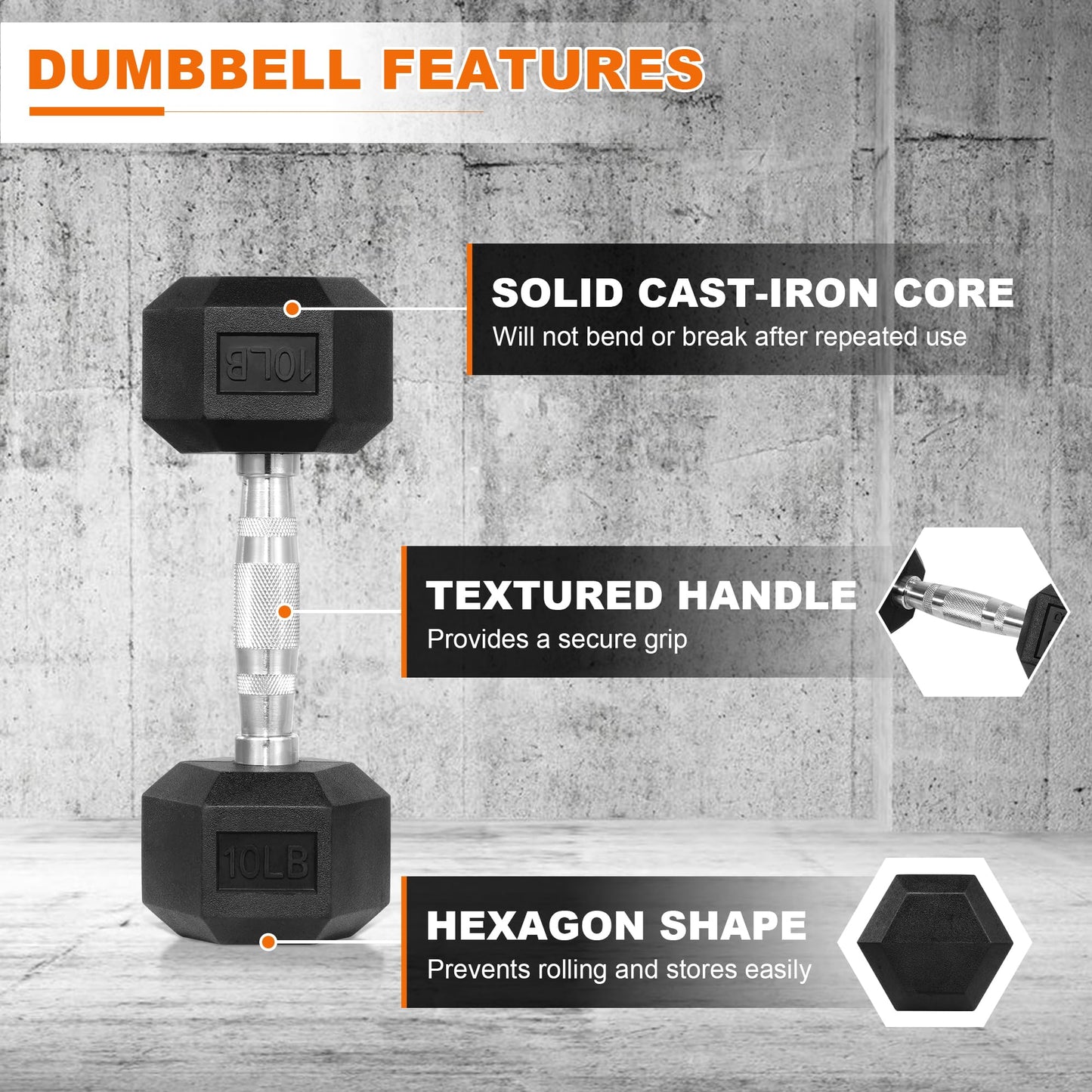 Fitvids Rubber Encased Hex Dumbbell, Hand Weights Set of 2 with Anti-Slip Cast Iron Grip for Strength Training, 10 LB Pair