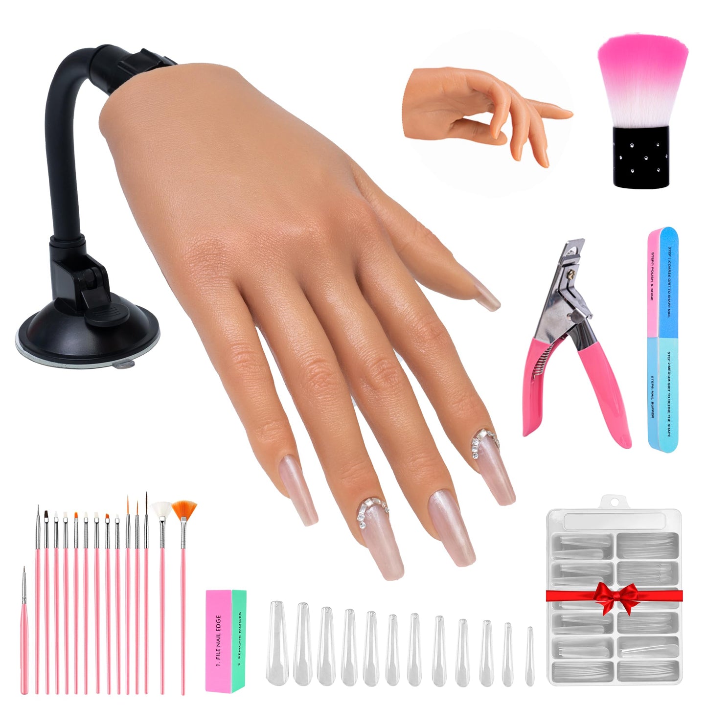 Veikmv Practice Hand for Acrylic Nails,Realistic Silicone Mannequin Hand with Flexible Fingers for Acrylic Nails, Gel Polish Training, Complete Nail Art Beginner Set with Brush & File