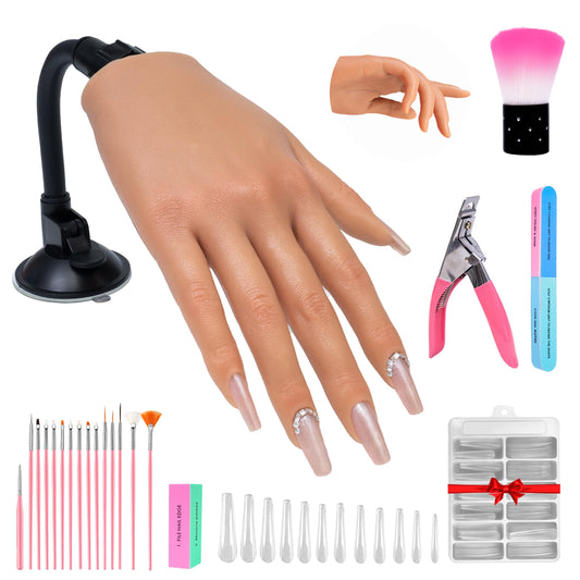Veikmv Practice Hand for Acrylic Nails,Realistic Silicone Mannequin Hand with Flexible Fingers for Acrylic Nails, Gel Polish Training, Complete Nail Art Beginner Set with Brush & File