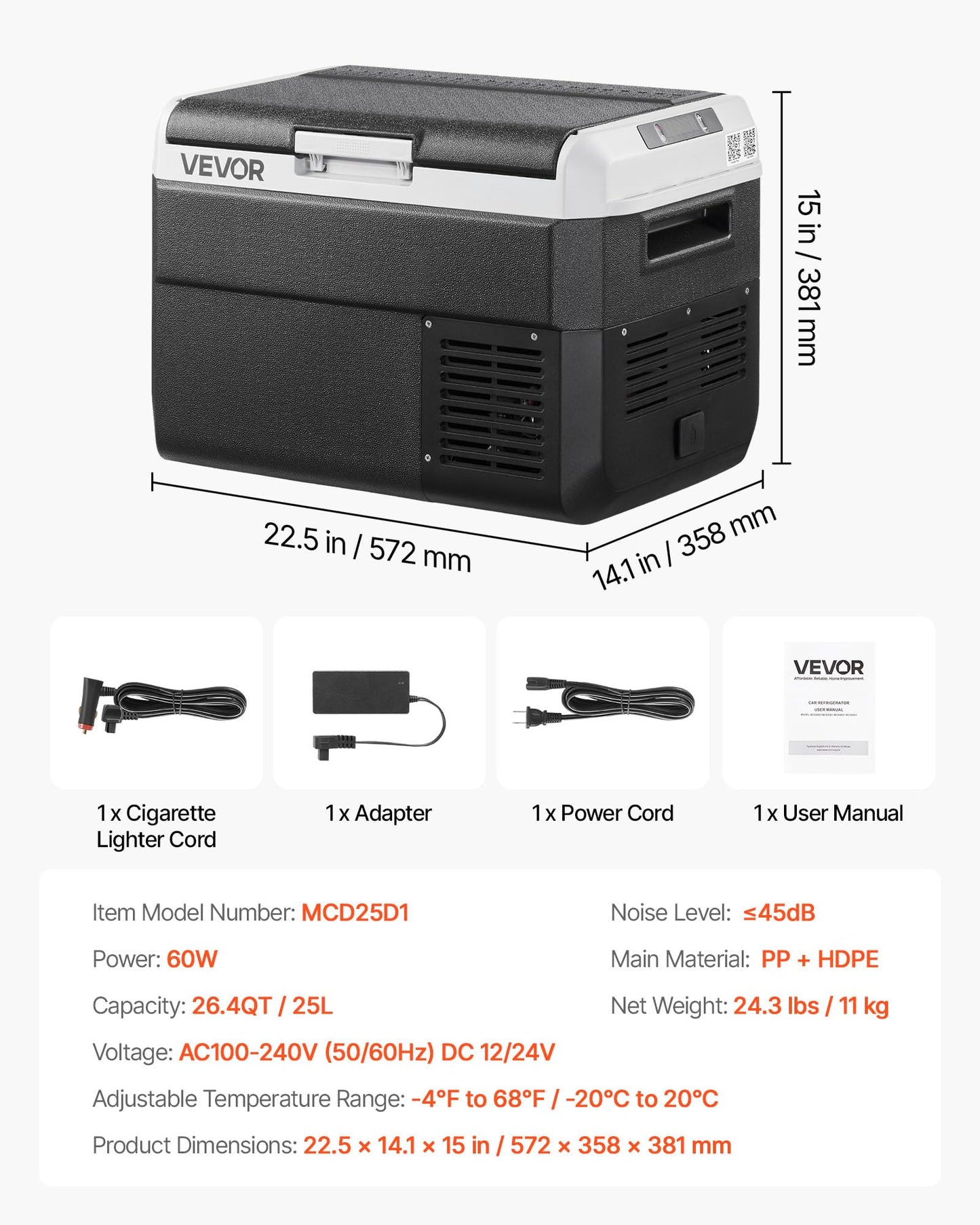 VEVOR 12 Volt Car Refrigerator, 26.4QT/25L Car Fridge, Portable Electric Cooler with -4℉~68℉ Adjustable Temperature, 12/24V DC and 100-240V AC Compressor Freezer for Outdoor, Camping, Travel, RV