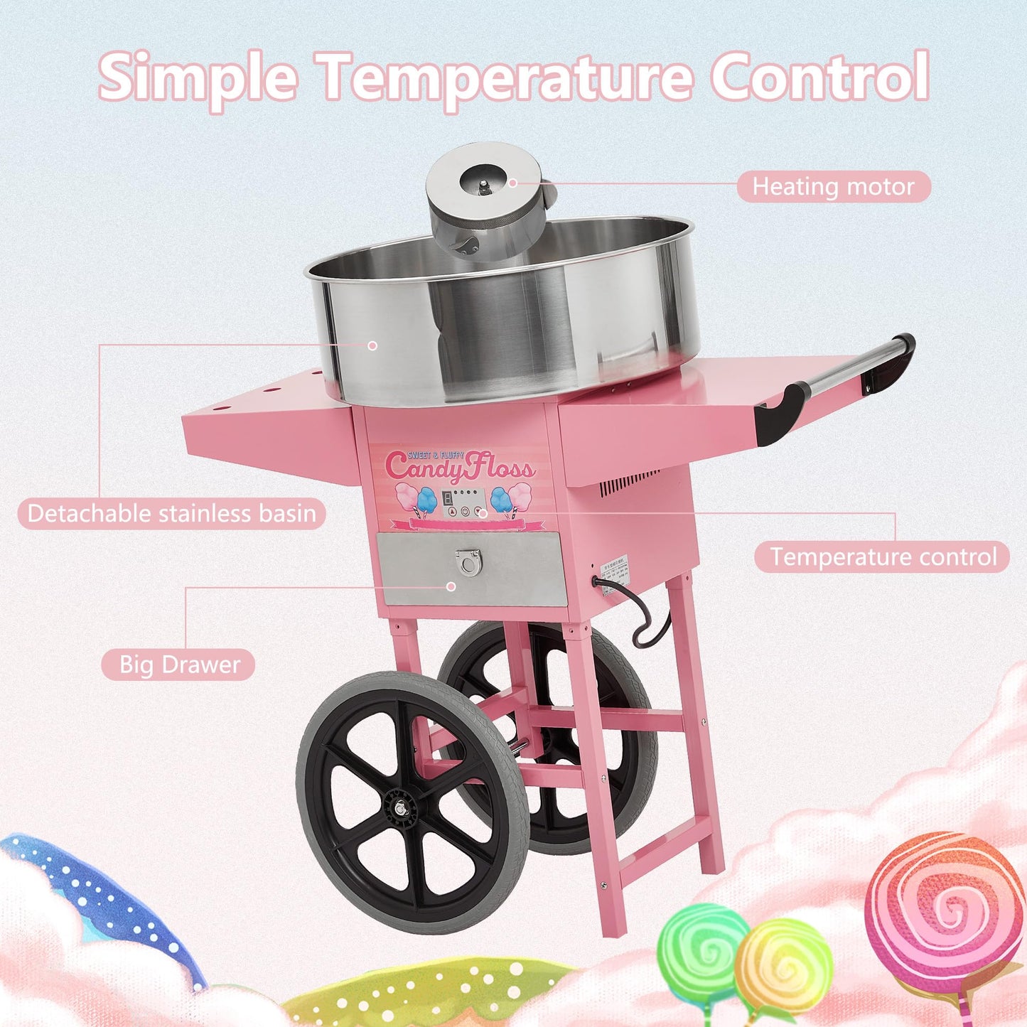 Electric Candy Cotton Machine for Kids with Cart Commercial Candy Cotton Maker with 20 in Stainless Steel Bowl Party Home Festival Pink