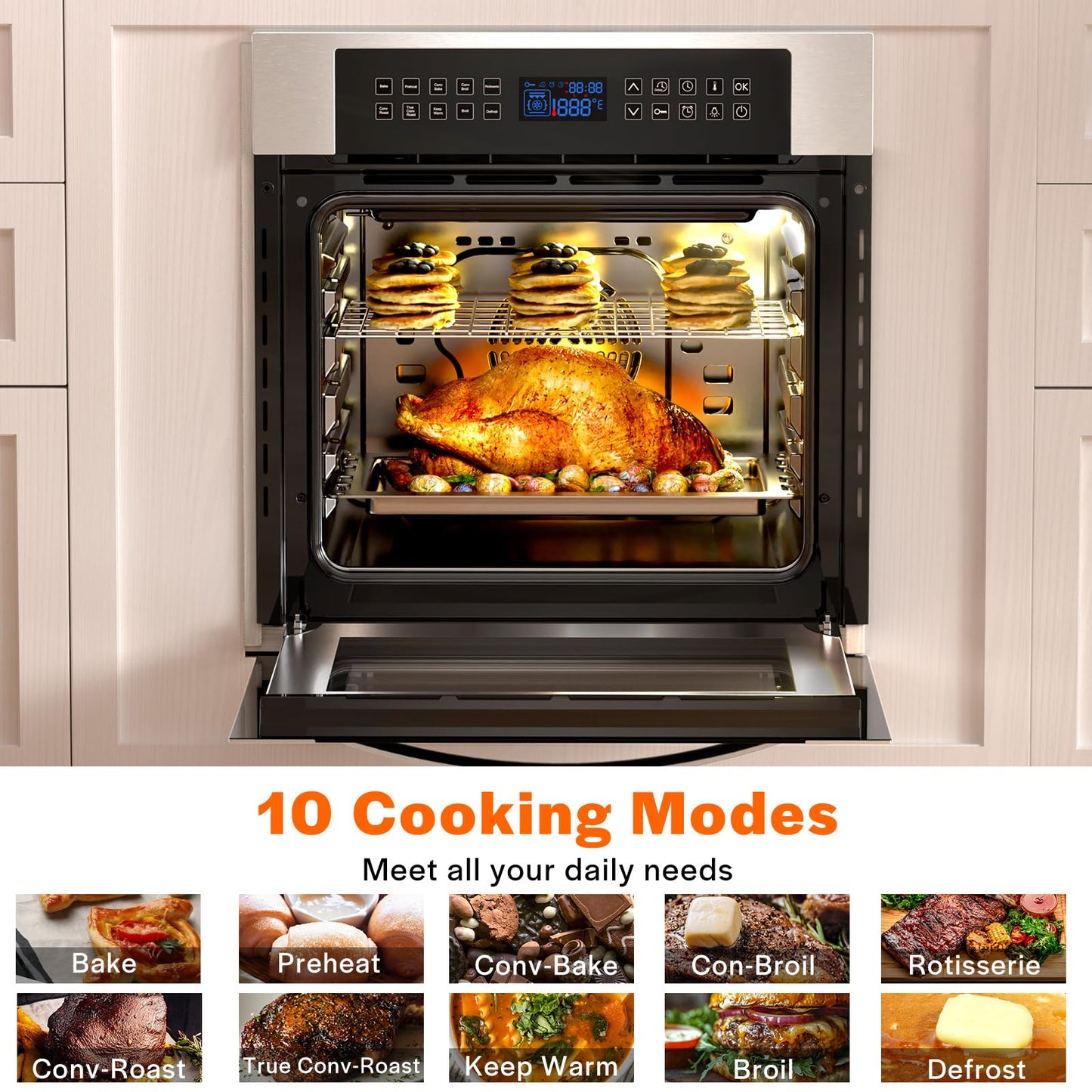 Empava 24 Inch Electric Single Wall Oven with 10 Cooking Modes, Convection Fan and Rotisserie, Screen Touch Control, Stainless Steel