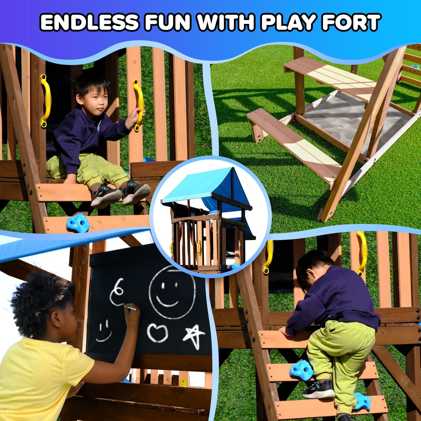 Sportspower Rosemont Wooden Swing Set with 8' Slide, 2 Adjustable Swings, Trapeze, Play Fort with Rock Climber, Sandbox, Picnic Table, Chalk Tarp & Anchor Kit, Outdoor Playset for Kids Ages 3–8
