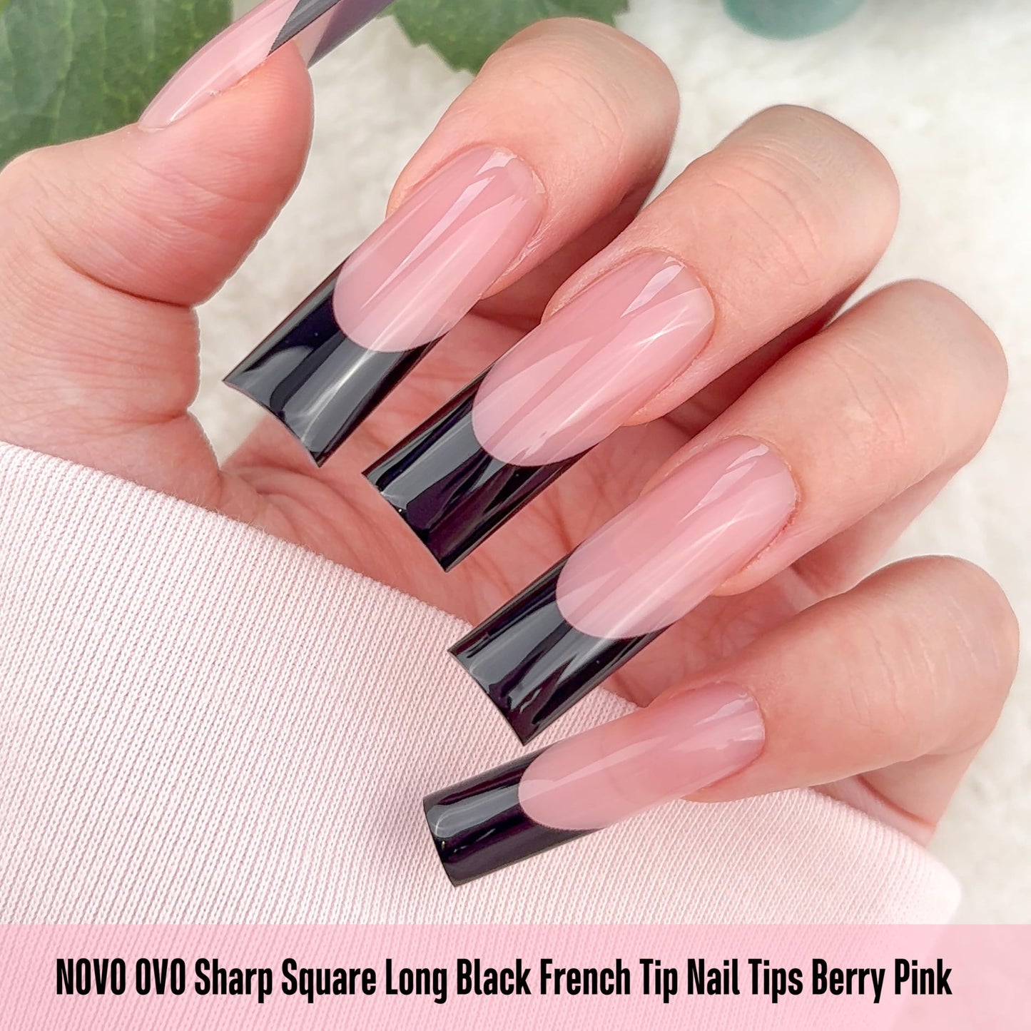 NOVO OVO Long Sharp Square Black French Tip Nail Tips Press on BERRY PINK, Extra Thick NEED Builder Gel & Top Coat & Glue, Soft Gel full Cover False Fake Nail Extension for Salon DIY x 15 Sizes 180 pc
