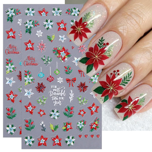 2 Sheets Christmas Nail Stickers for Nail Art 5D Embossed Flower Nail Art Stickers with Snowflake Bow Cherry Leaf Design Winter Nail Decals Nail Art Supplies for Women Acrylic Manicure Decorations