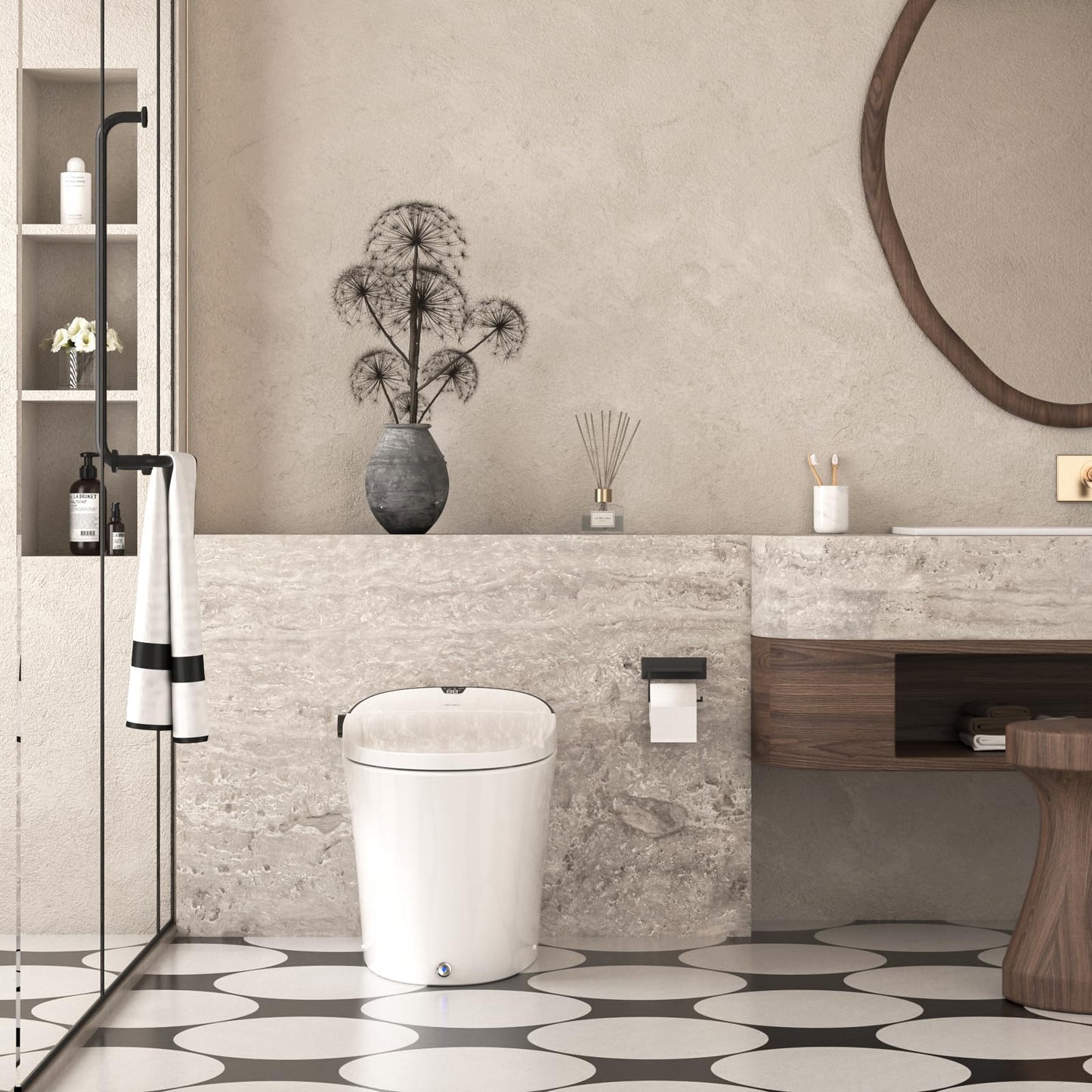 AKNIRL Smart Toilet with Bidet Built In, Modern Bidet Toilet with Tank, Heated Seat, Instant Warm Water, Pump-Assisted & Auto Flush, Foot Sensor Operation, Air Dryer, Night Light & Digital Display