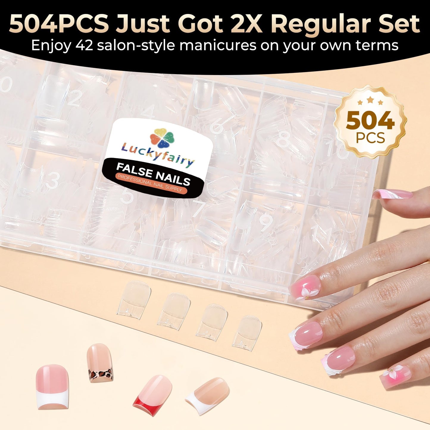 Luckyfairy Short Sharp Square Nail Tips 504pcs 12 Sizes No C Curve Soft Gel Nail Tips Pre-Etched Half Matte Full Cover Clear Fake Nails for Flat Nail Beds DIY Home Salon Acrylic Extension