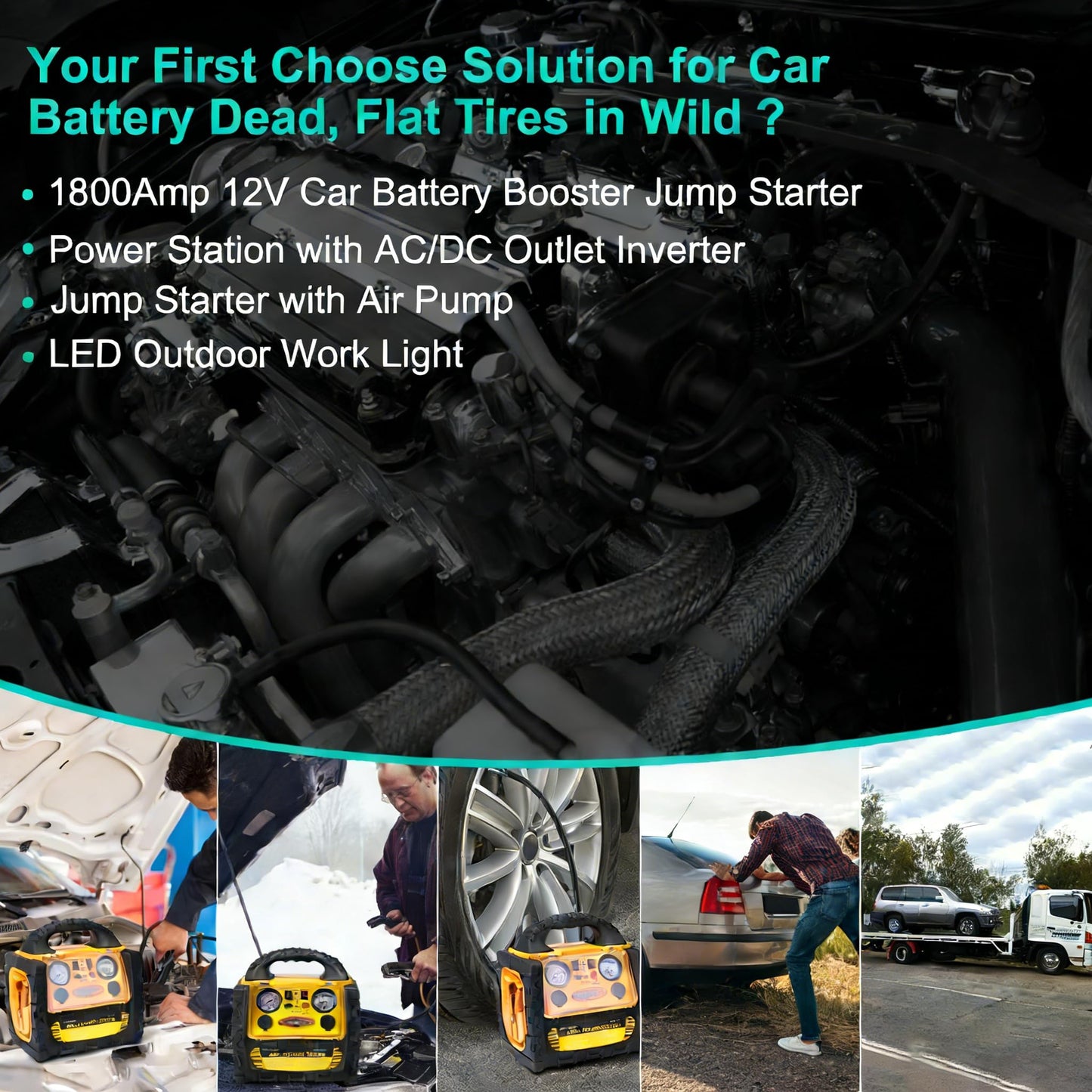 6 in 1 Jump Starter with Air Compressor 150 PSI Tire Inflator,Upgraded 1800A Peak 12V Portable Car Battery Jump Starter,400 Watt Inverter Power Station with AC/DC/USB Outlets (8.0L Gas/6L Diesel)