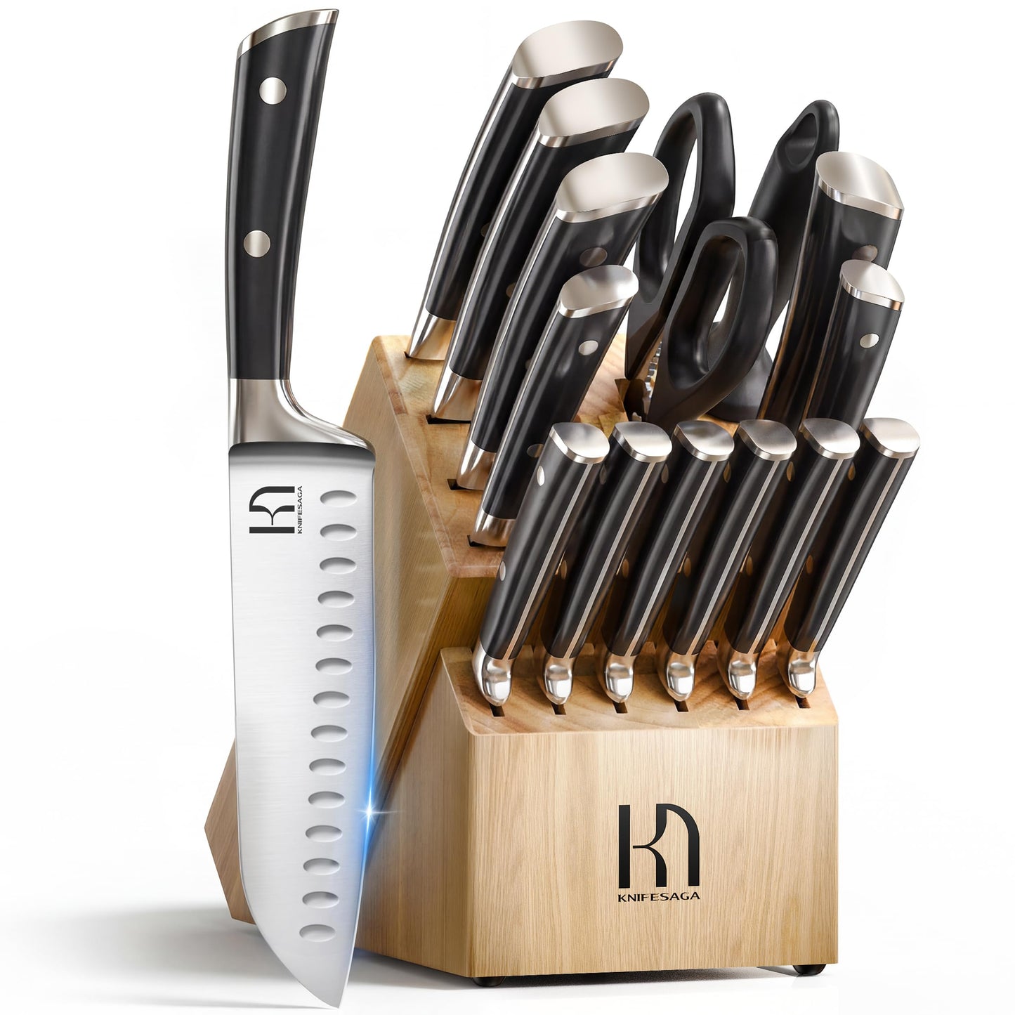 KnifeSaga Knife Set with Block, Japanese 15 PCS Ultra Sharp Ktichen Knives Set, High Carbon Stainless Steel Knife Block Set with Sharpener, Professional Knives with Ergonomic Handle for Home Chefs