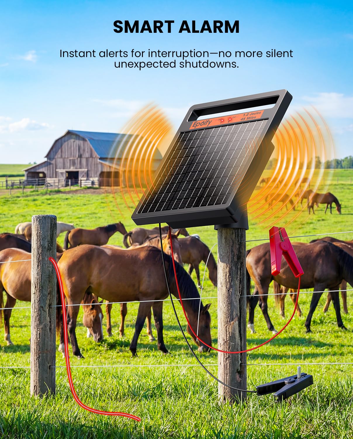 Solar Electric Fence Charger 1.2J Stored Energy, 45 Miles Coverage,8W Solar Fence Energizer with 10000mAh Battery,7–11kV Output, Smart Alarm, All-Weather Fence Charger for Cattle, Horses & Farms