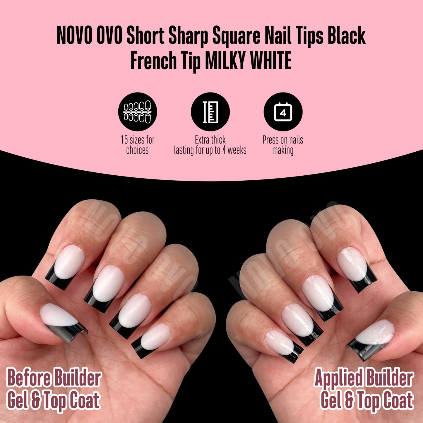 NOVO OVO Short Sharp Square Black French Tip Nail Tips Press on MILKY WHITE, Need Builder Gel Top Coat Nail Glue, Soft Gel Fake Nail Extension, Full Cover False Nails for Salon DIY x 15 Sizes 240 pcs