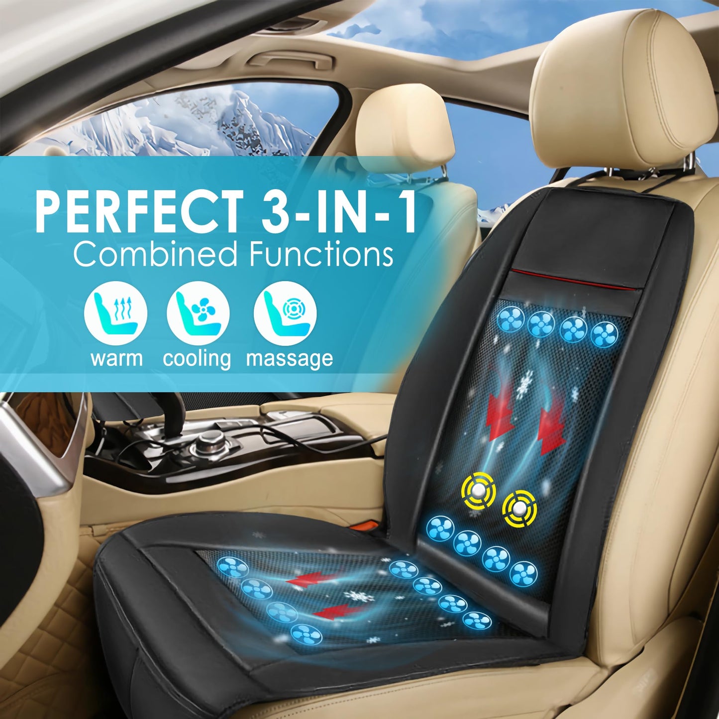Fochutech 12V Summer Cooling Car Seat Cover with Massage Adjustable Temperature Warm Cooling Car Seat Cushion Ventilated 16 Fans Cooling Seat Cover for Car Front Seat Cooler for Vehicle SUV (Beige)
