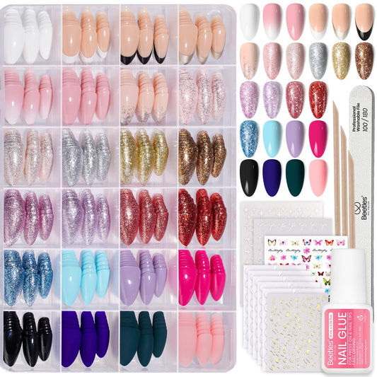 Beetles Press on Nails Kit 720Pcs 24 Colors, Short Almond Press on Nails Glossy Matte Glitter With Nail Glue & Nail Tabs Stickers, Natural Fit Lightweight Fake Nails Kit Art For Women Girls