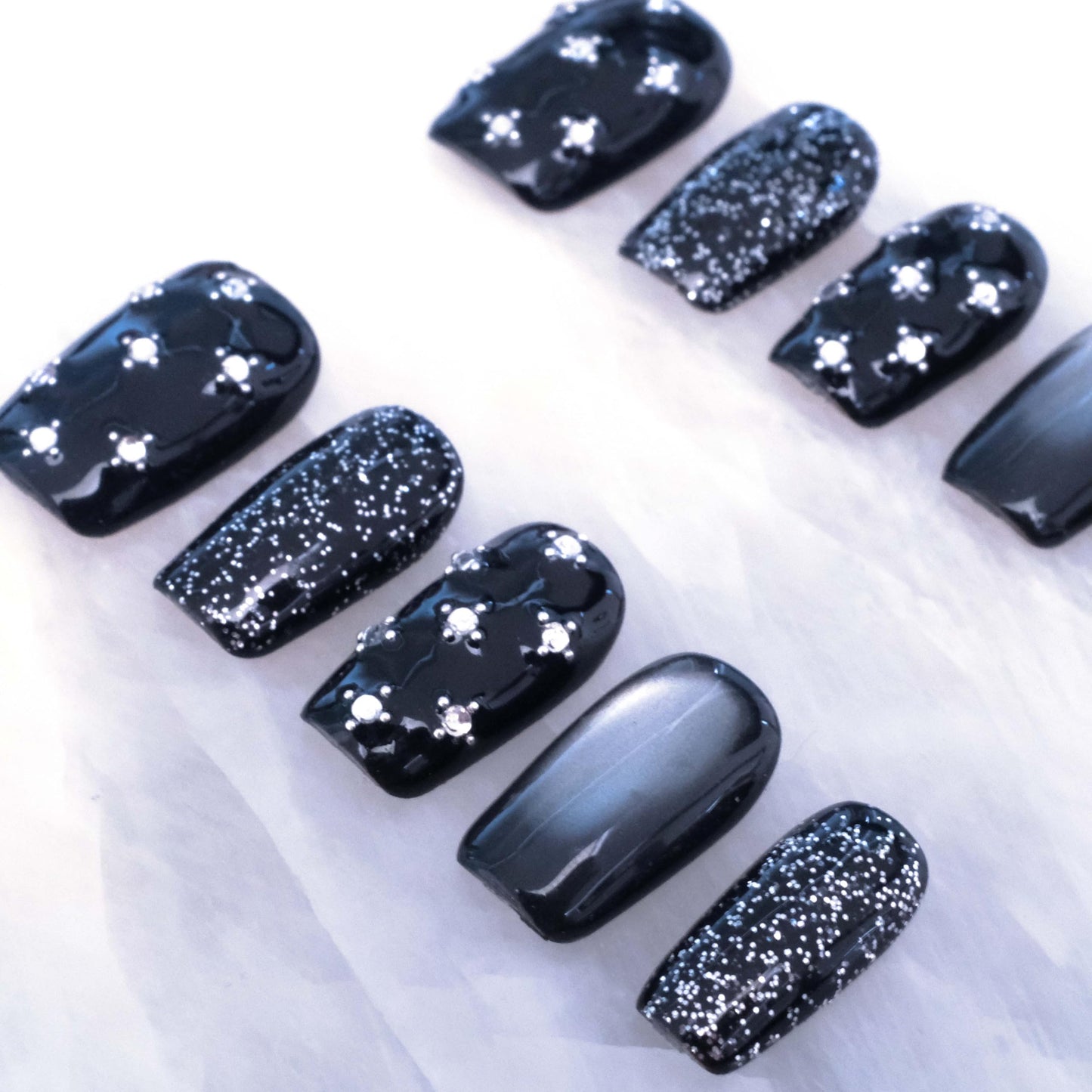 BlackStar - Handmade Press on Nails, Black Starry Sky with Cat Eye, Rhinestone Bling, Medium Ballerina Shape, 10 Pieces (Small Size, MB)