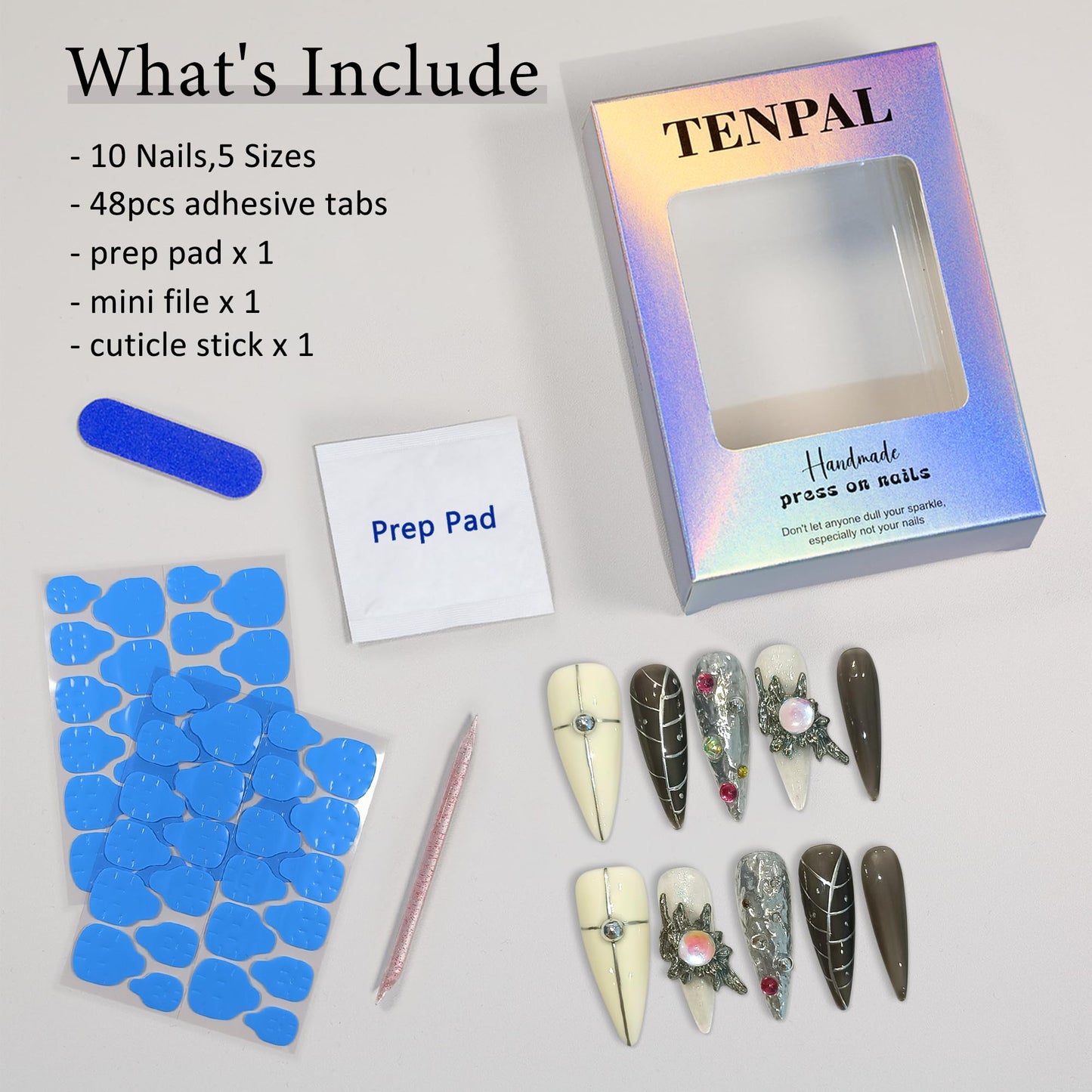 TENPAL Gothic Black-Grey 3D Metallic Press on Nails Long Stiletto,Gems Chains Hand-Painted Fake Nails with Soft Gel,Halloween Party Vampire Nails,Edgy Rhinestone Y2K Nail Kit with Tools 10pcs(L)